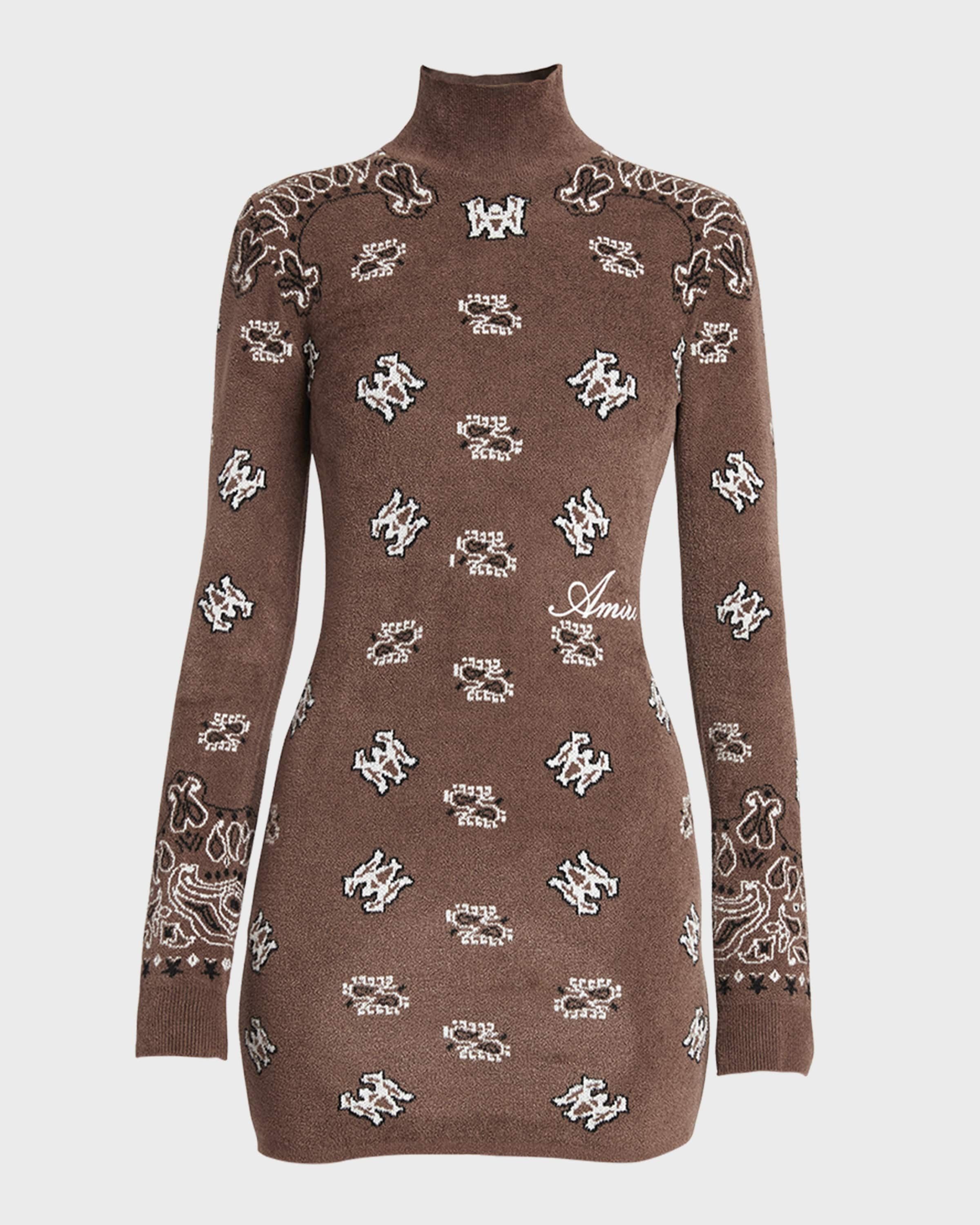 Amiri oc11z0325 Logo Bandana Mock-Neck Knit Mini Dress Brown/White Size M / US 6-8 / IT 42-44 - 1 Thumbnail