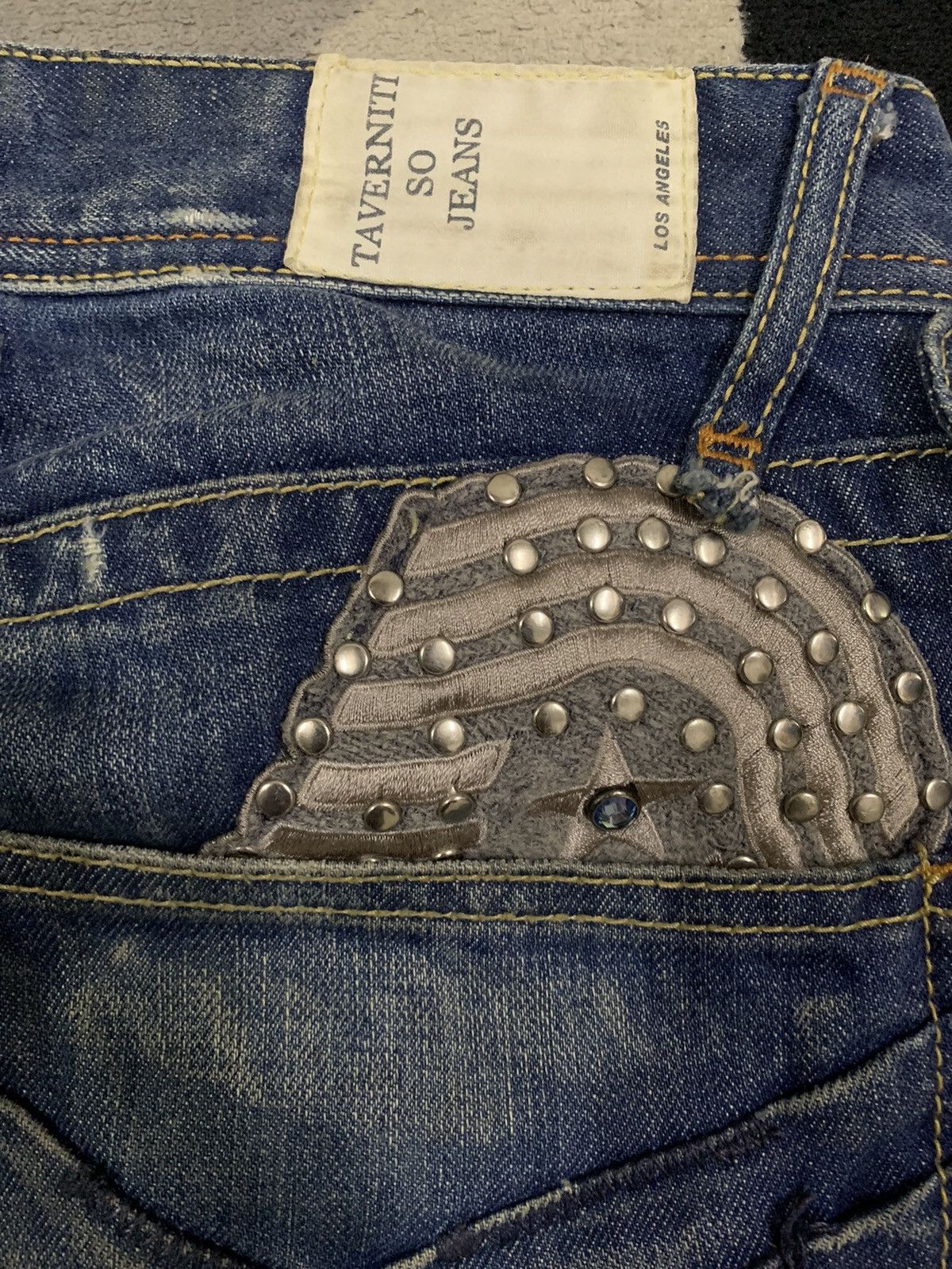 Tornado Mart Vintage Jimmy Taverniti Studded Flare Distress Grunge Jeans Size US 31 - 15 Thumbnail