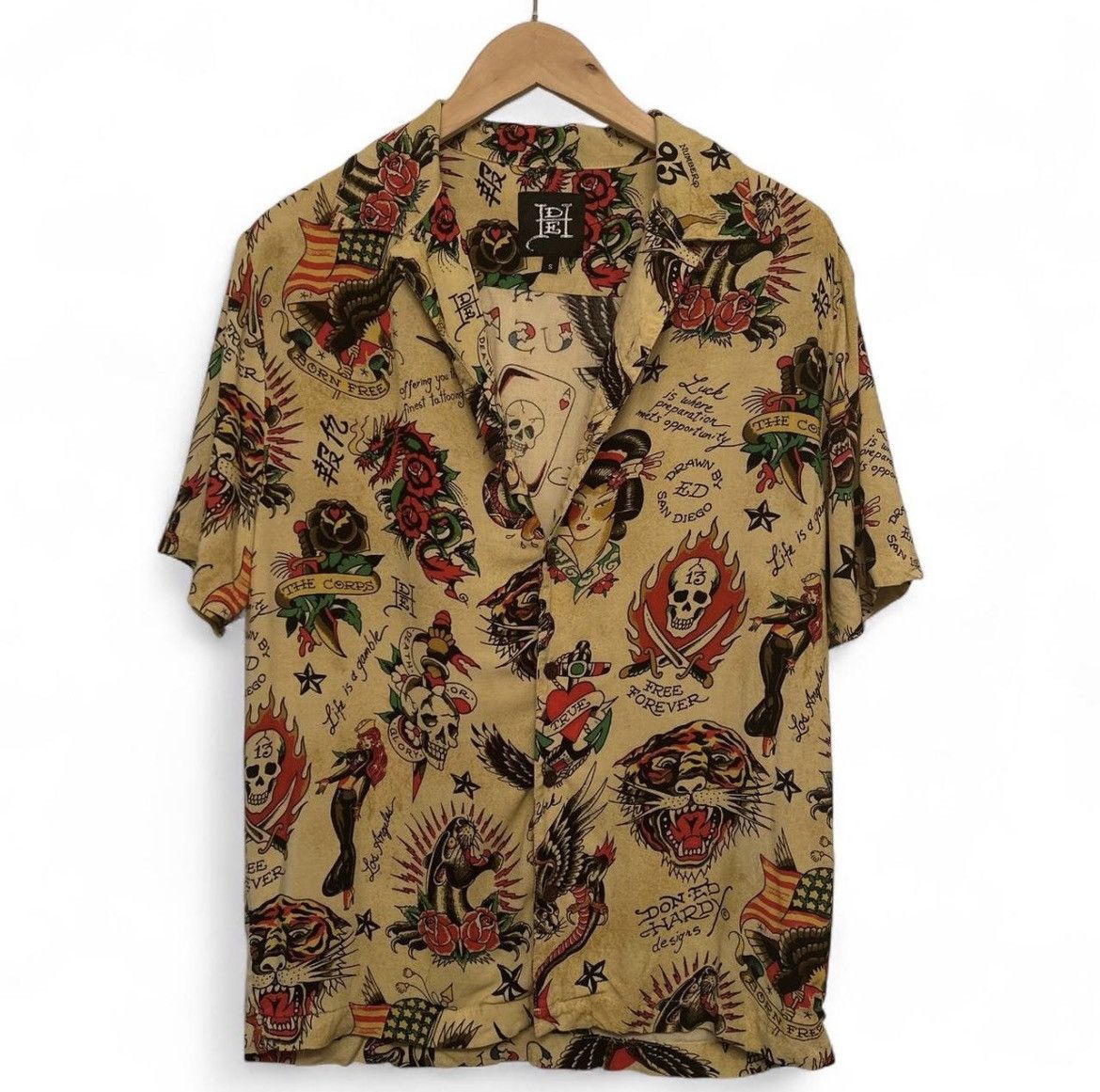 Ed Hardy short sleeve tattoo AOP viscose button-up shirt