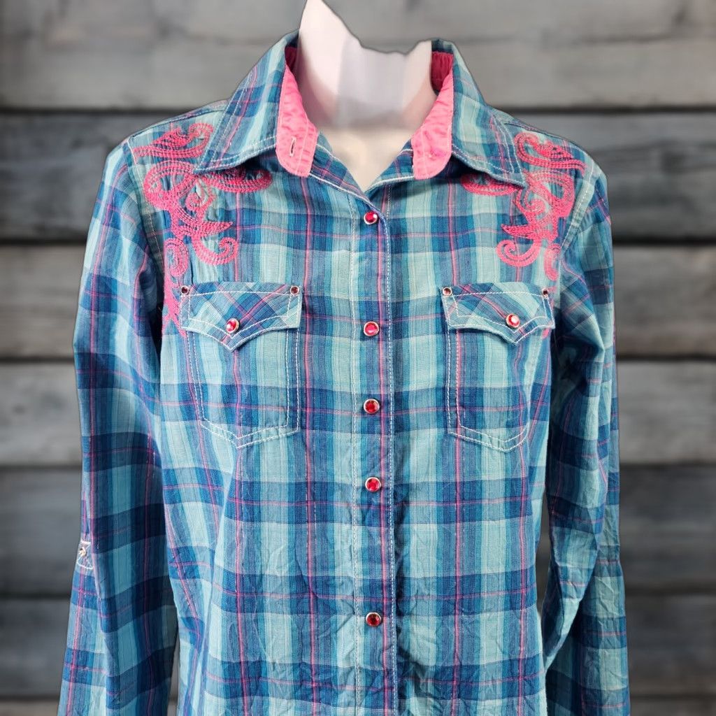 Wrangler Rock 47 by Wrangler Womens Pearl Snap Shirt Sz Small Blue Pink Embroidered Size S / US 4 / IT 40 - 1 Thumbnail