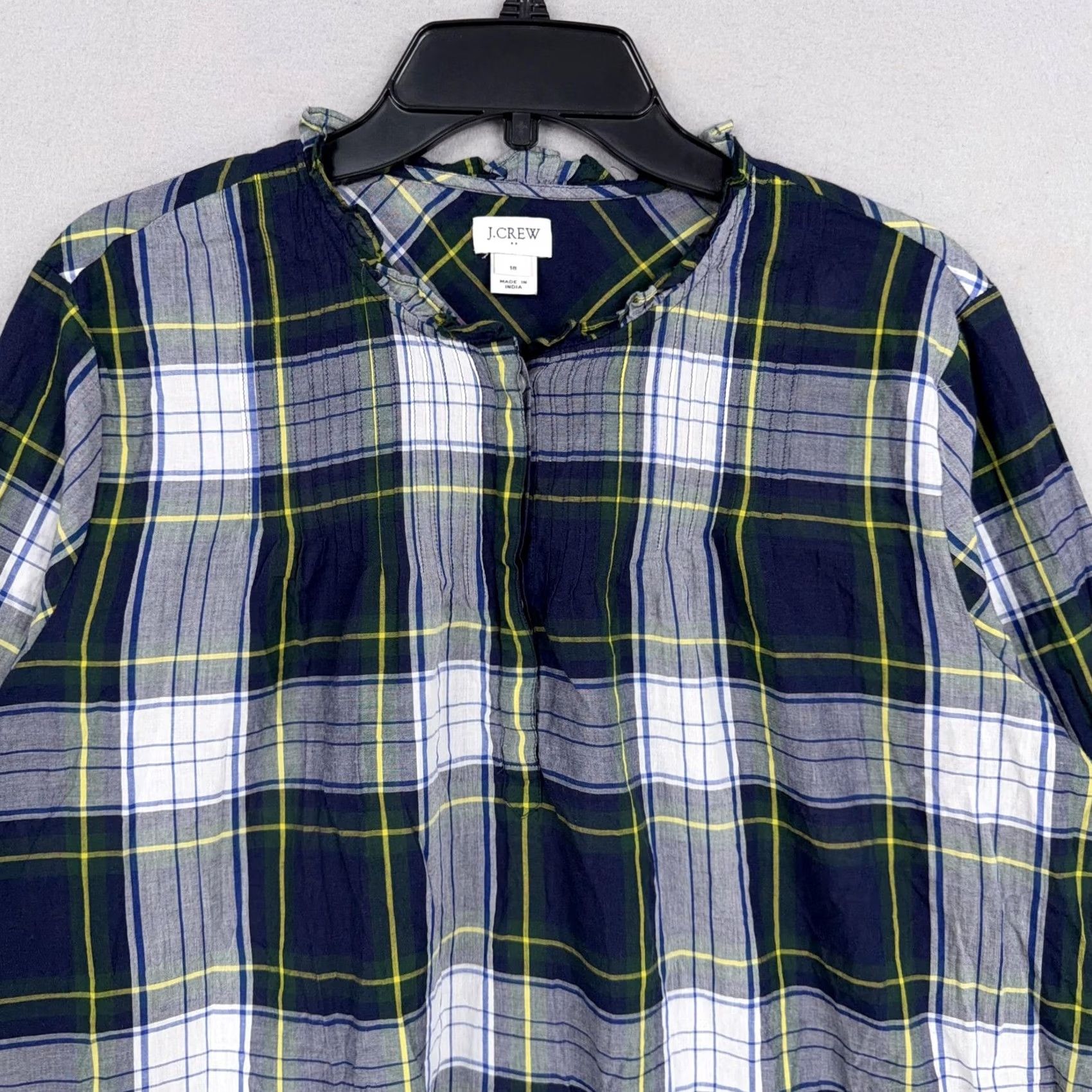 J.Crew J.Crew Shirt Womens 18 Blue Plaid Ruffle Neck Henley Long Sleeve Cotton Picnic Size XXL / US 16-18 / IT 52-54 - 2 Thumbnail