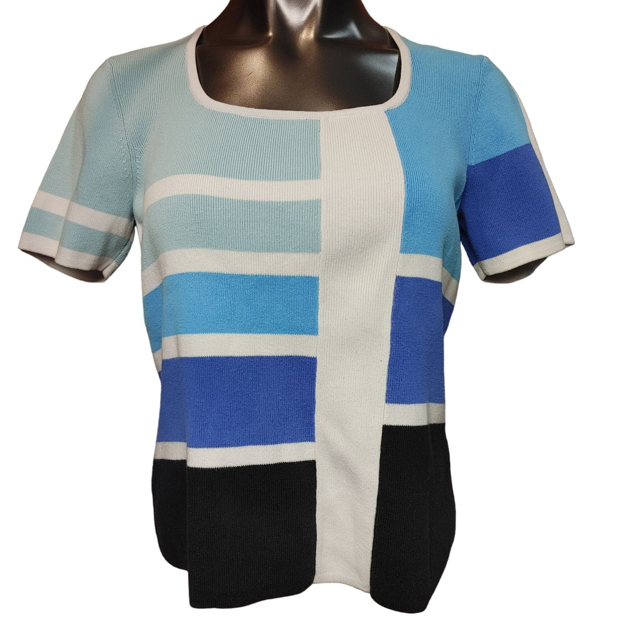 Other Hampshire Studio Women's White/Blue Color Block Knit T-Shirt Size M / US 6-8 / IT 42-44 - 1 Thumbnail