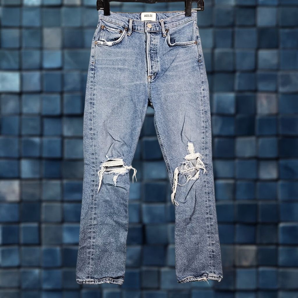 Agolde AGOLDE Jeans Straight 25 Women's Blue Light Wash 5-Pocket Denim Belted Crop Mid Rise Casual Everyday Regular Fit Size 42" / US 20 - 1 Thumbnail