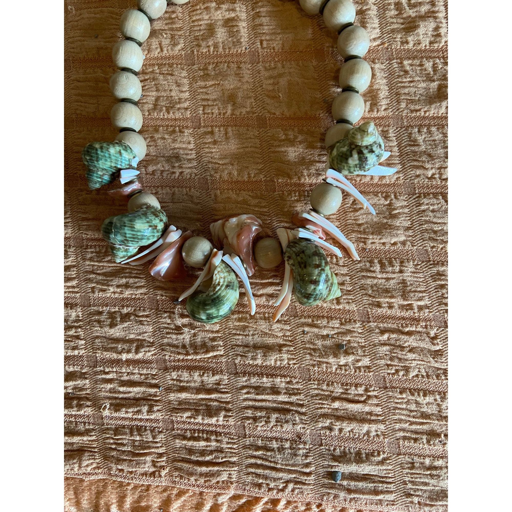 Other Wood Beads & Shell Necklace. 16" Long , 5/8" Beads 1.5" Larg Size ONE SIZE - 6 Thumbnail