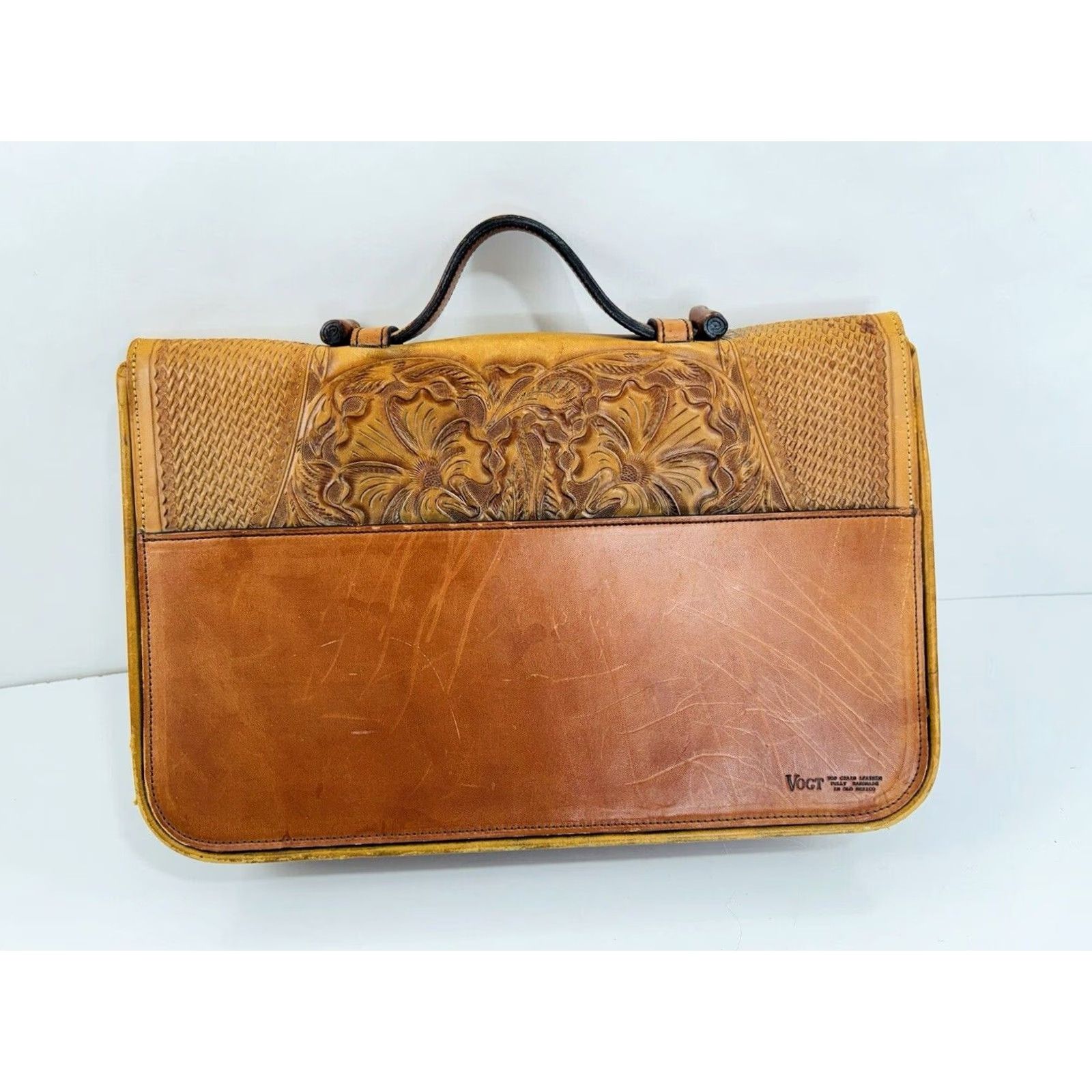 Vintage VOGT Hand Made Tooled LEATHER Vintage Mexico Briefcase Purse Bag Brown 16.25" Long 10.5" Tall 4" Width Leather Handbag Satchel Purse Bag Mens Womens Size ONE SIZE - 5 Thumbnail