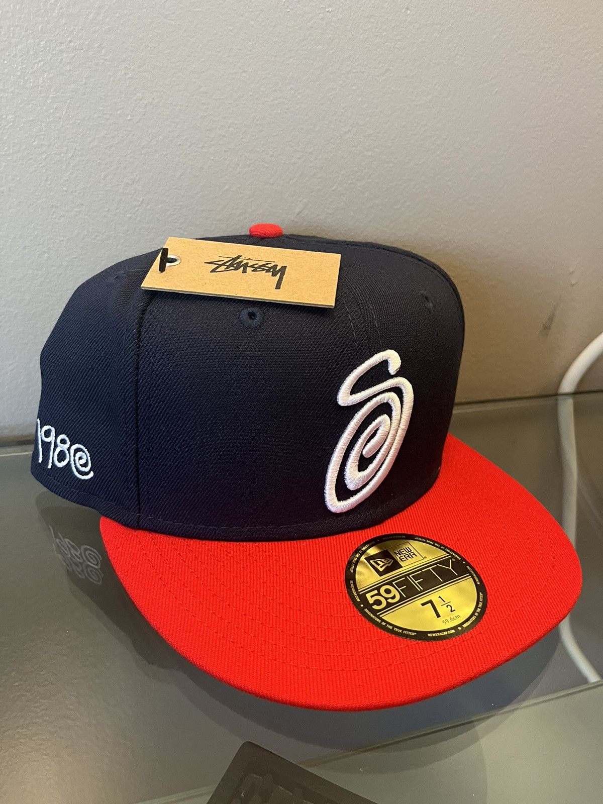 image of Stussy New Era 7 1/2 Fitted Curly S Navy Blue Red, Men's