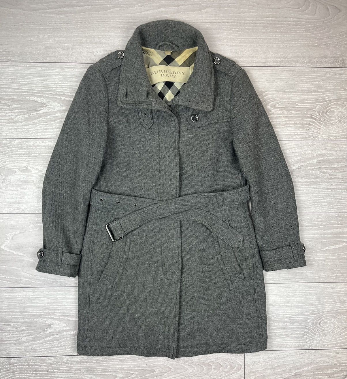 Burberry Burberry Brit Luxury Grey Wool Belted Coat Jacket Size XL / US 12-14 / IT 48-50 - 1 Thumbnail