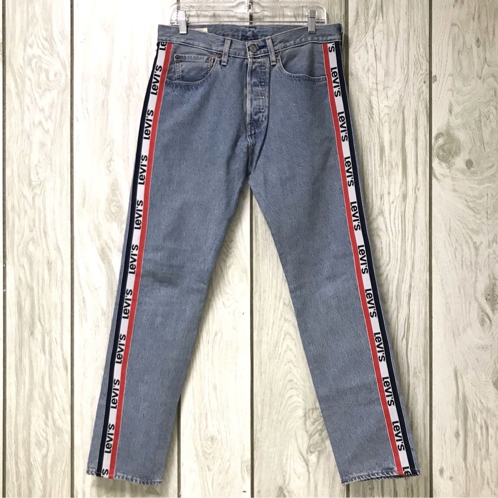 Levi's Levi's Men Blue Light Stone 501 Taper Sports USA Stripe Denim Jeans Pants 31x32 Jeans Regular Mens 90s Logo USA Stripe Stone Wash 501 St Size US 31 - 2 Thumbnail