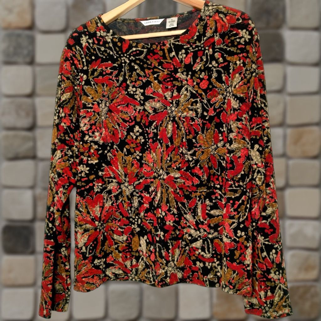 Laura Ashley Laura Ashley Shirt Women XL Black Maroon Tan Floral Stretch Textured Abstract Size XL / US 12-14 / IT 48-50 - 1 Thumbnail