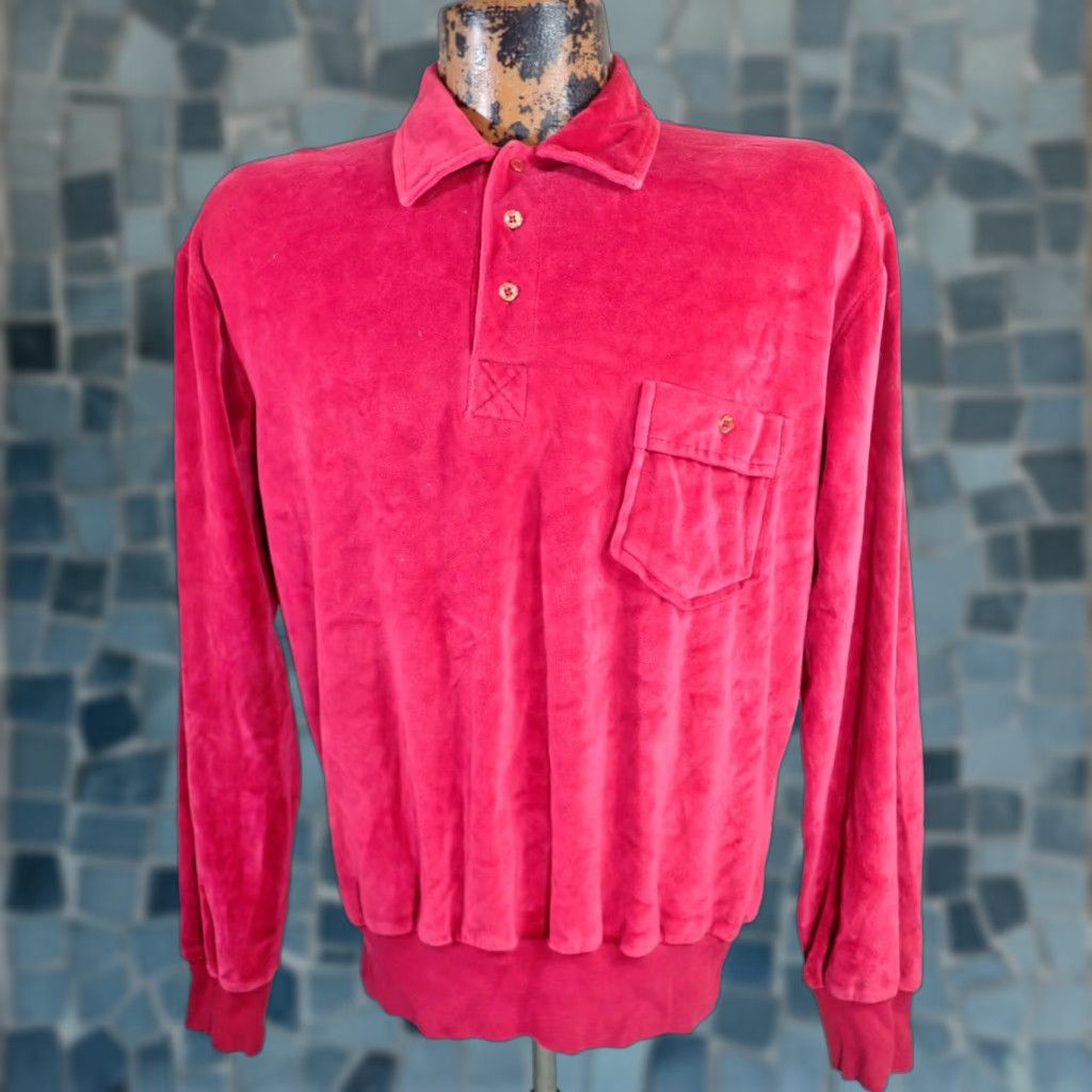 JCPenney VINTAGE JC Penney Polo Shirt Mens L Red Velour Long Sleeve Pocket Popover Shirt Burgundy RED 70s 60s Preppy Retro Rockabilly Vintage Mens L Size US L / EU 52-54 / 3 - 1 Thumbnail
