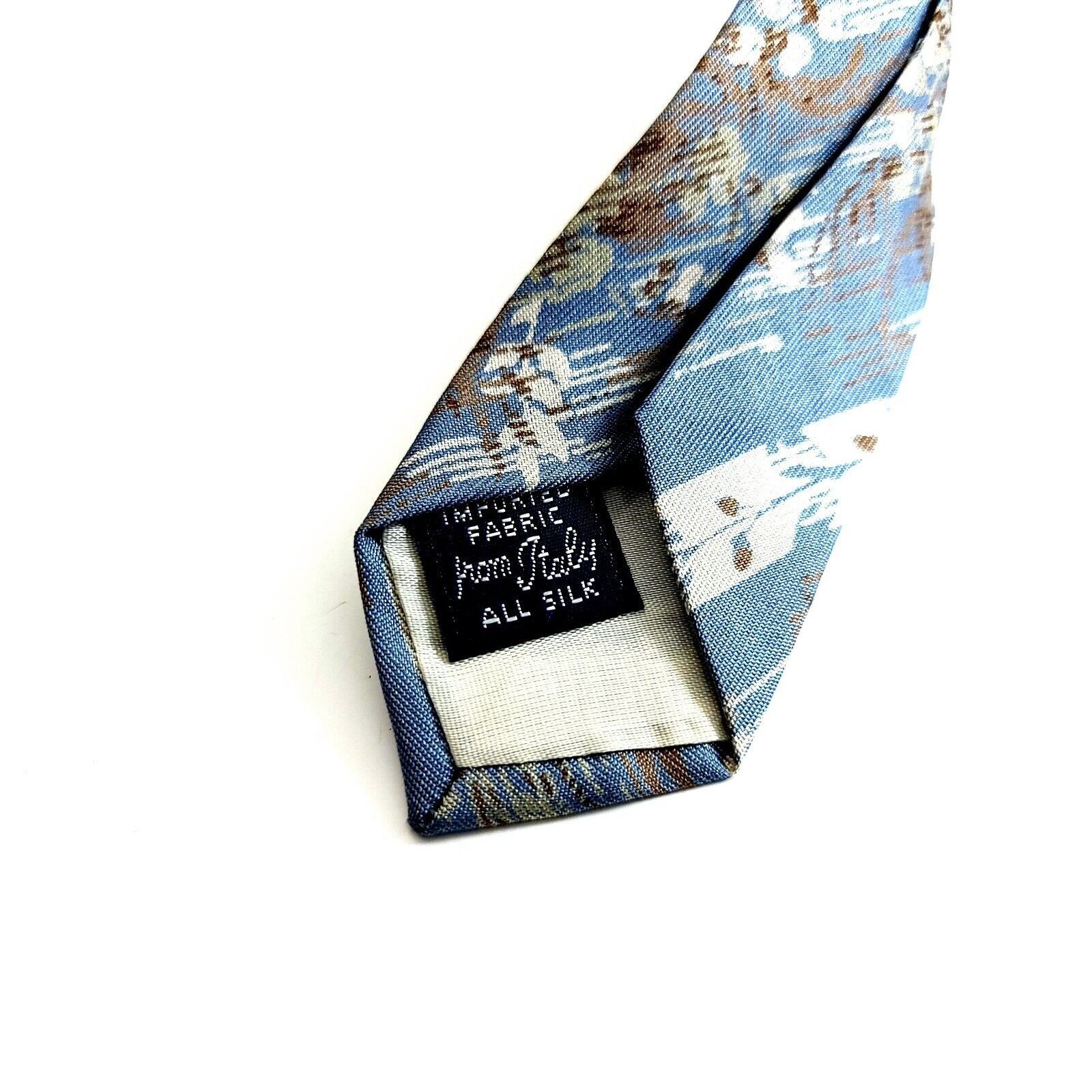 Designer Courchevel Blue Tan Floral Striped Print Wide Silk Tie Size ONE SIZE - 4 Thumbnail