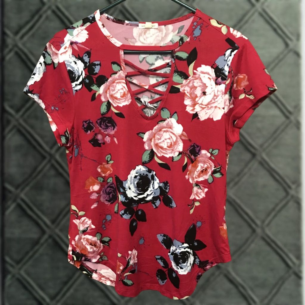 Pinko Urbanology Blouse Shirt Women XS/S Pink Floral Short Sleeve Round Neck Stretch Crisscross Front Pullover 1341 Size XL / US 12-14 / IT 48-50 - 1 Thumbnail