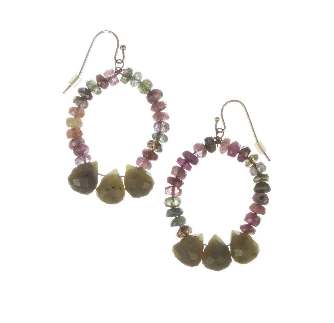 Designer Green and Pink Tourmaline Bead Hoop Earrings Size ONE SIZE - 1 Thumbnail