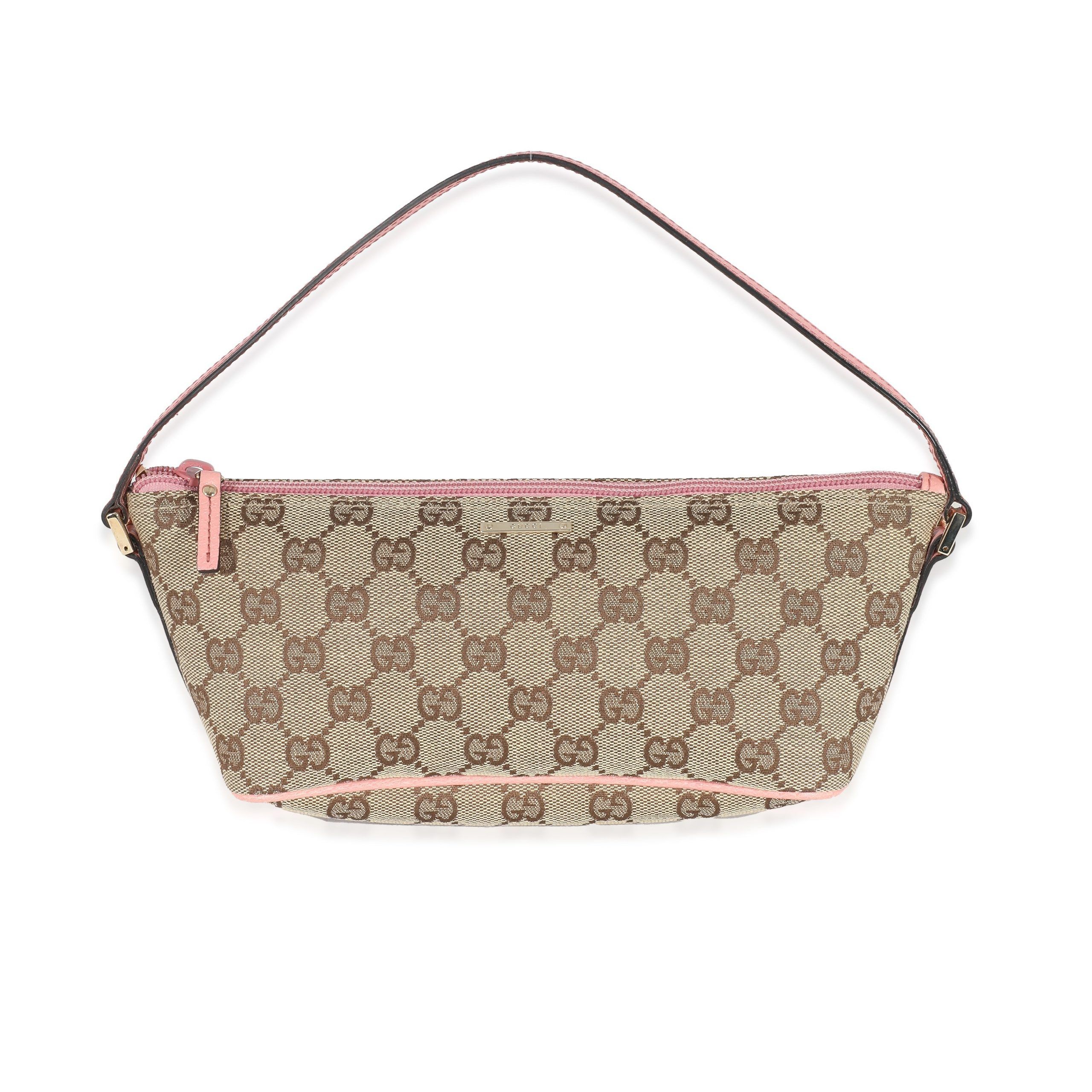 Gucci Pink Leather Beige GG Canvas Boat Pochette
