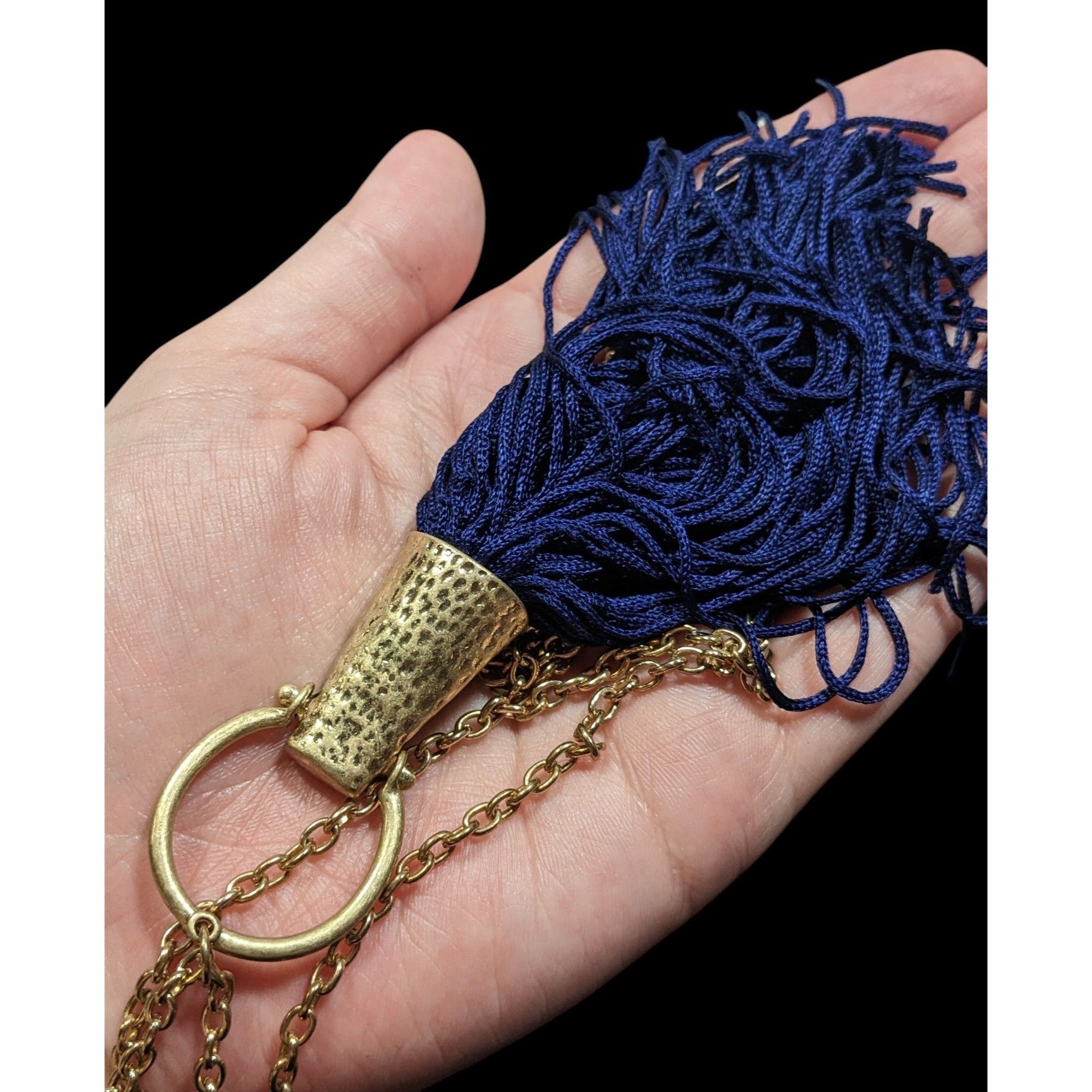 Other Hammered Gold Tone Tassel Pendant Necklace With Blue Tassel Size ONE SIZE - 4 Thumbnail