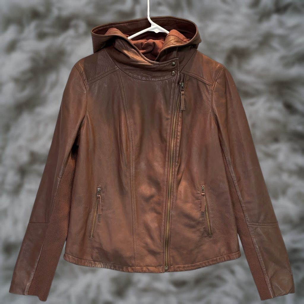 Hinge Jacket Womens Motorcycle Leather Hooded Brown Small S Zip Lined Mid-Length