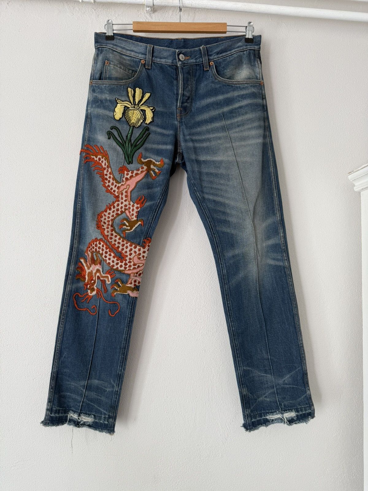 Dragon Embroidered Jeans with Raw Hems