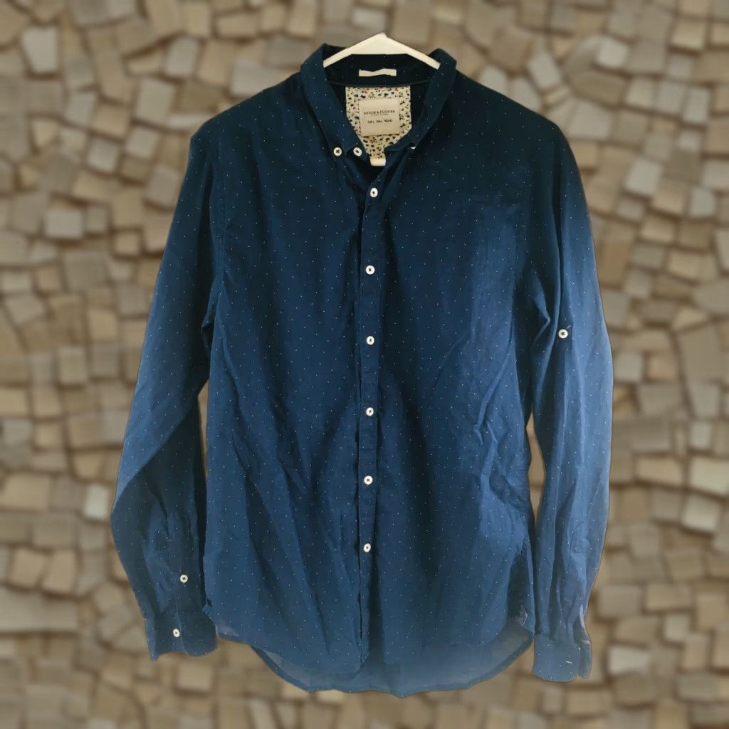 Denime Denim & Flower Shirt Men Large Navy Blue Button-Down Micro Dots Polka Dot Denim Shirt Regular Fit Size US L / EU 52-54 / 3 - 1 Thumbnail