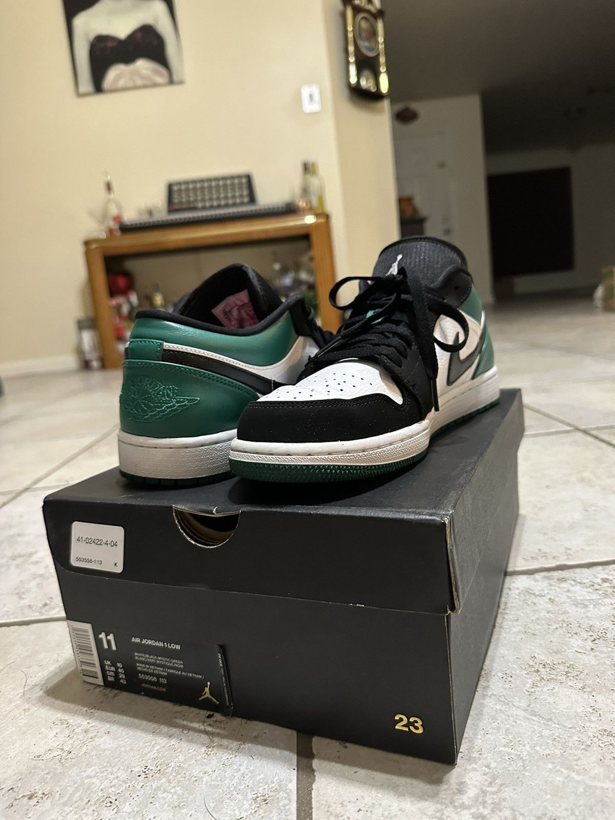 image of Jordan Nike Jordan 1 Low White Black Mystic Green Shoes, Men's (Size 11)