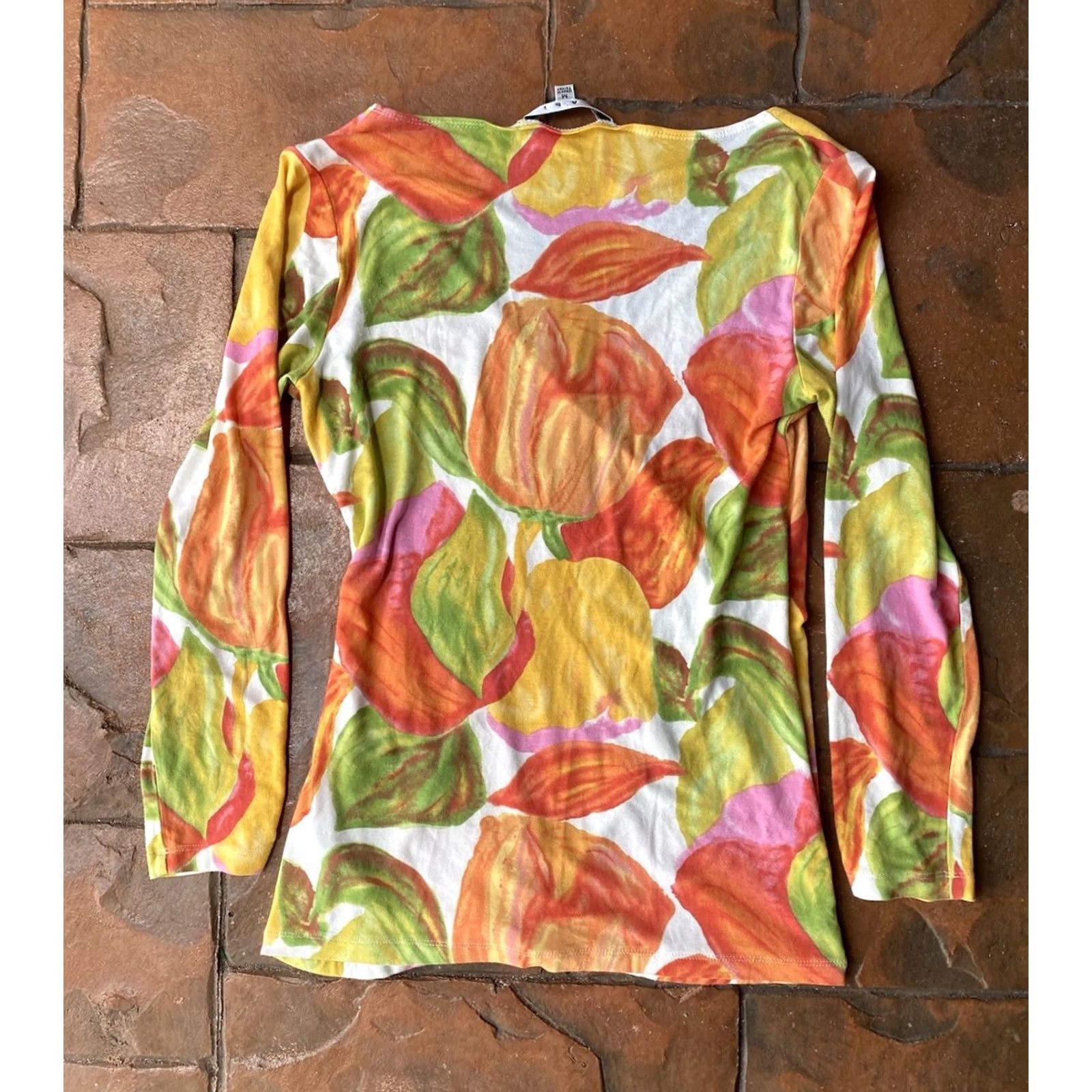 Vintage CAbi Blouse Shirt Women's Medium Tulip Print Faux Wrap Ruched 3/4 Sleeve Top White Orange Pink Yellow Green Size M / US 6-8 / IT 42-44 - 3 Thumbnail