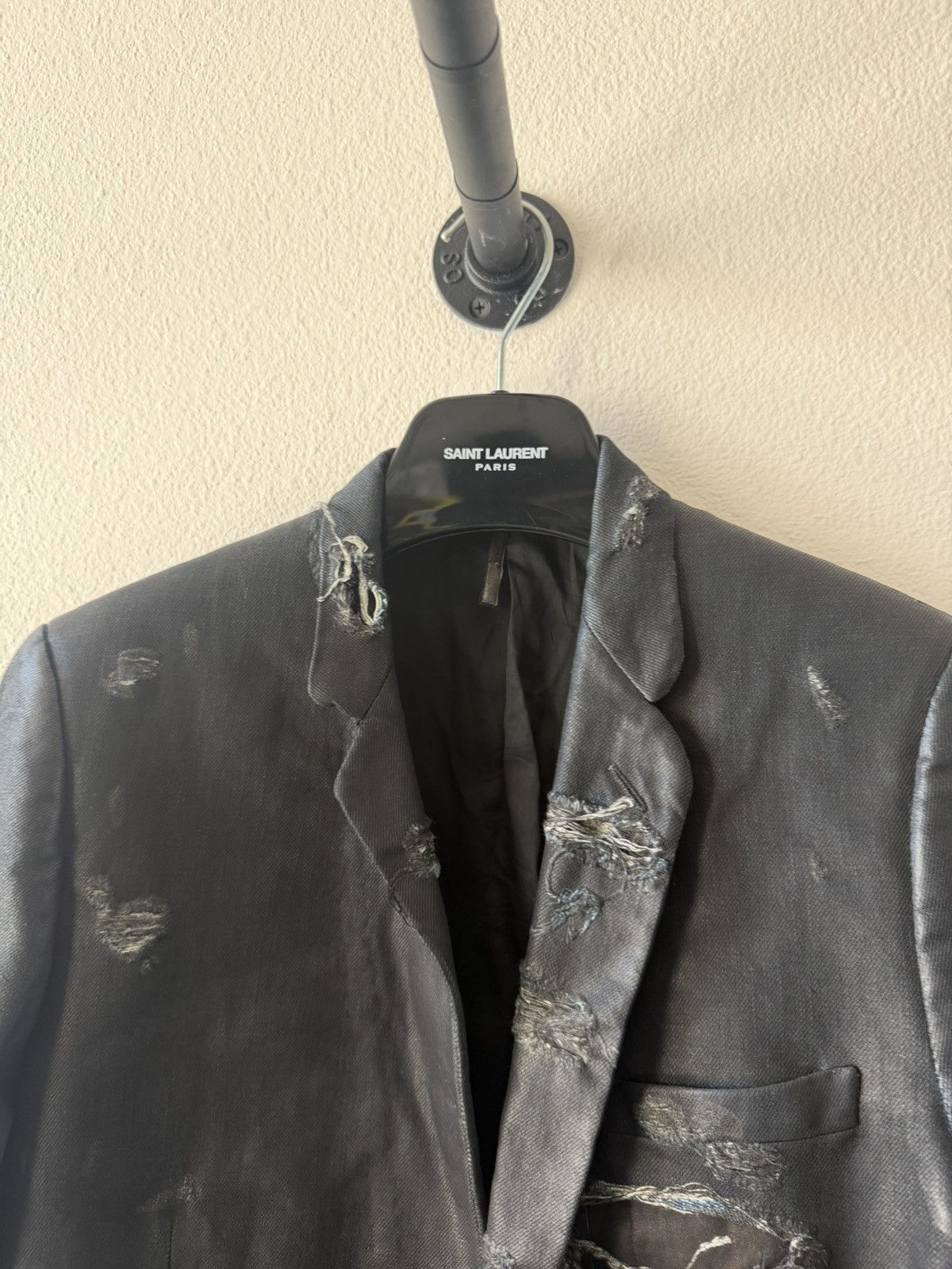 Dior Sample AW03 Luster “Strip” Waxed Distressed Denim Blazer 46 Size 46R - 2 Thumbnail