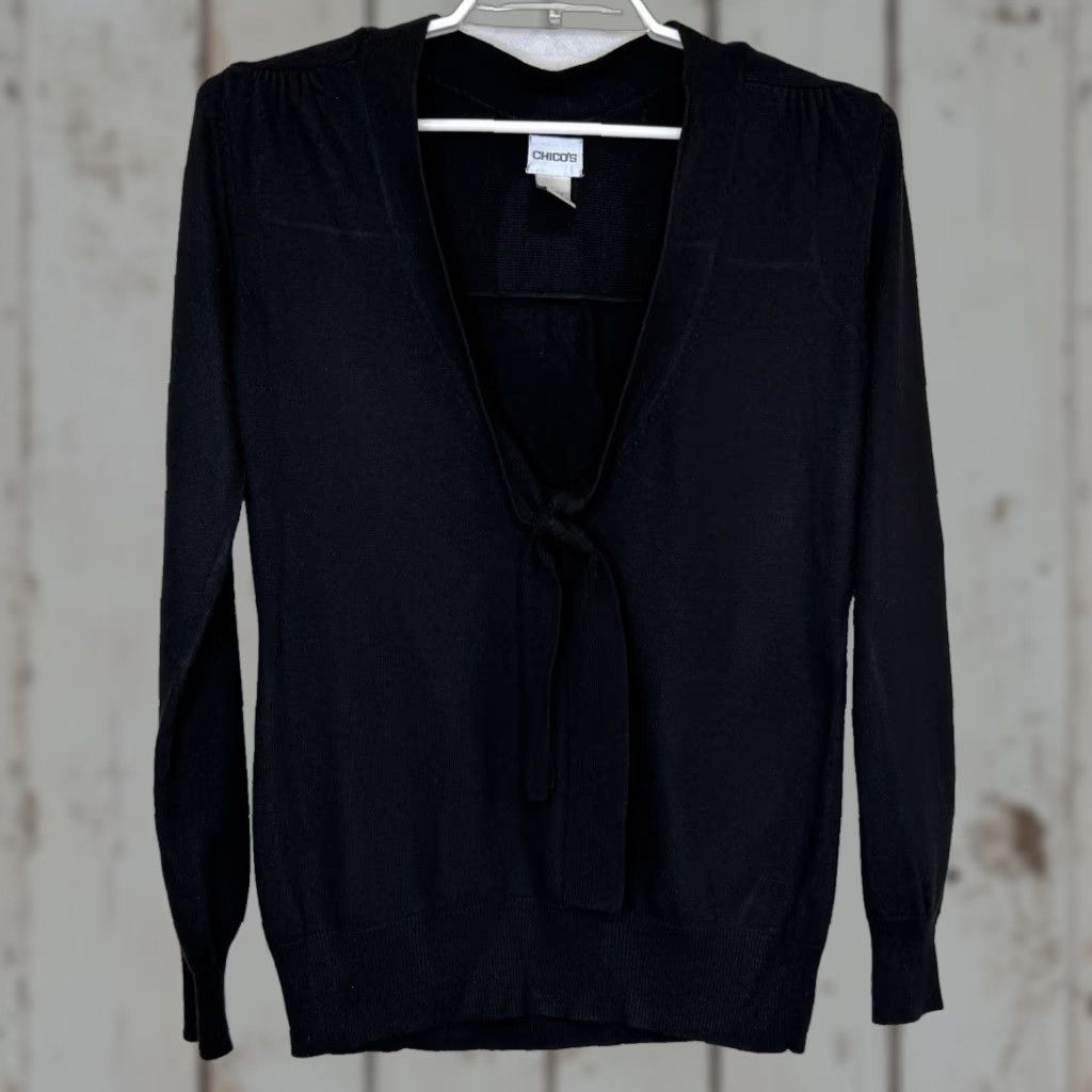 Vintage Chico’s Pullover Sweater Womens Size 1 Black V-Neck w/ Tie Long Sleeve Lightweight Size L / US 10 / IT 46 - 1 Thumbnail
