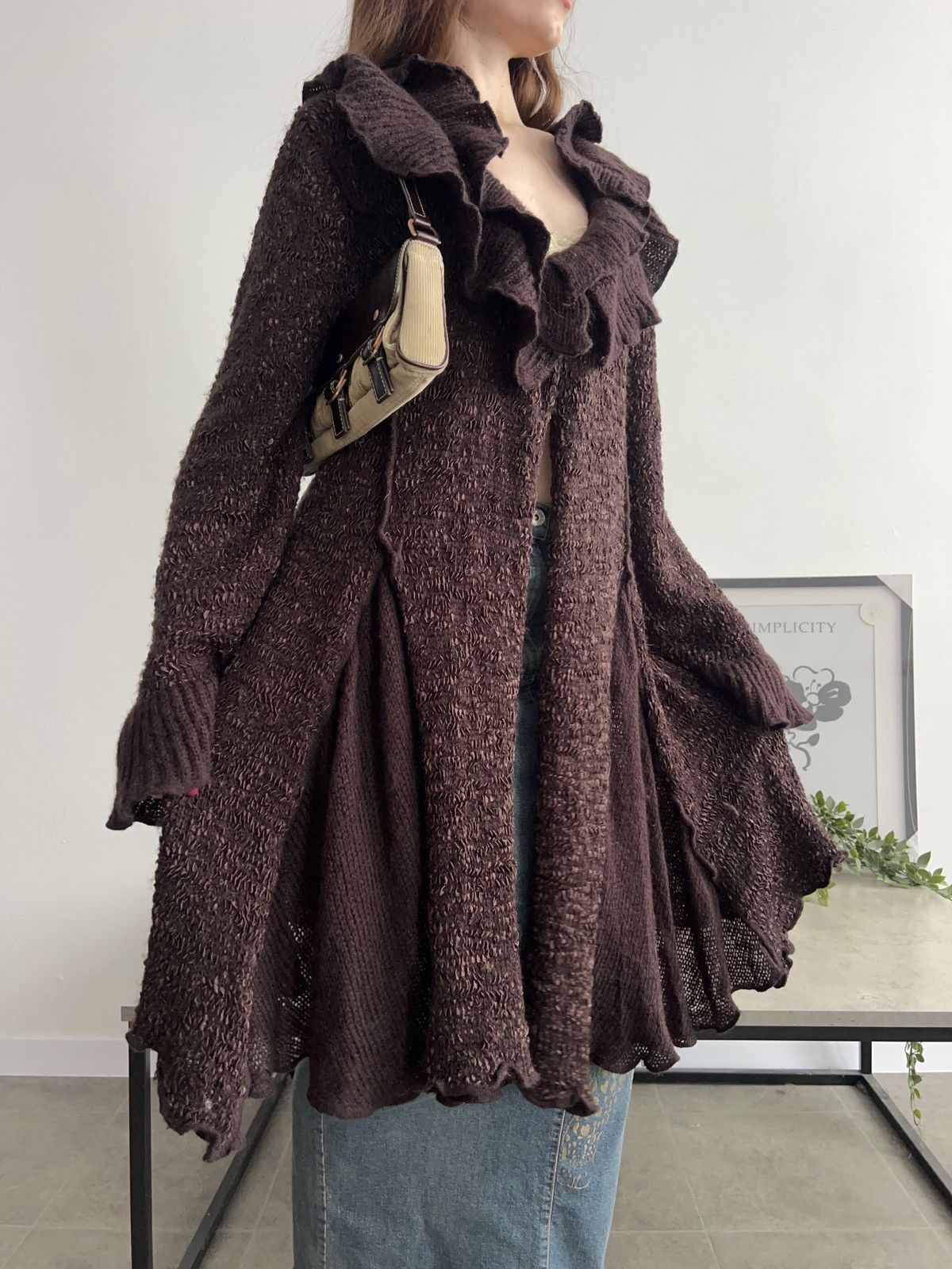 Vintage Gorgeous Long Knit Cardigan Brown Ruffle Y2K Vintage Size M / US 6-8 / IT 42-44 - 3 Thumbnail