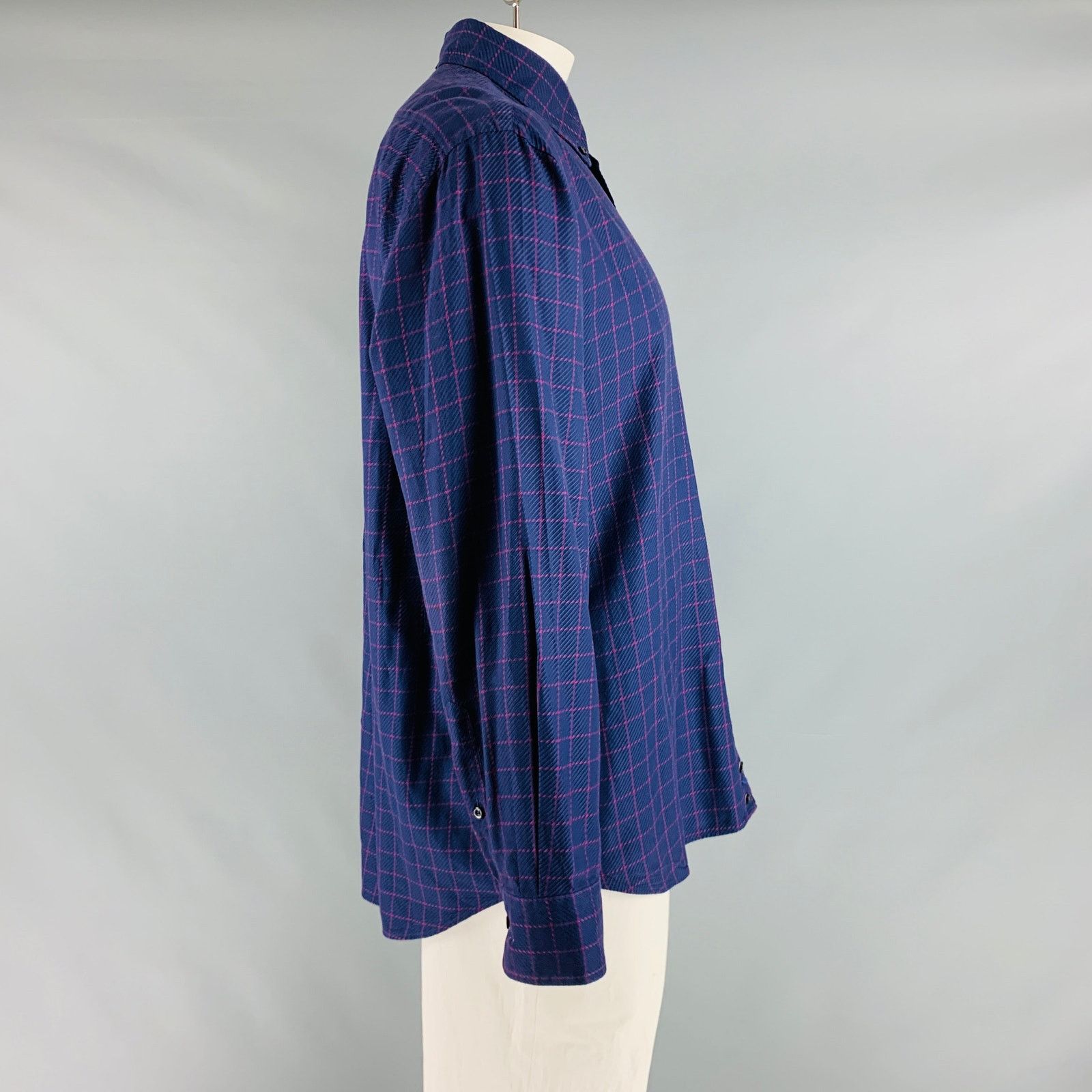 Canali Purple Fuchsia Window Pane Cotton One pocket Shirt Size US L / EU 52-54 / 3 - 2 Thumbnail