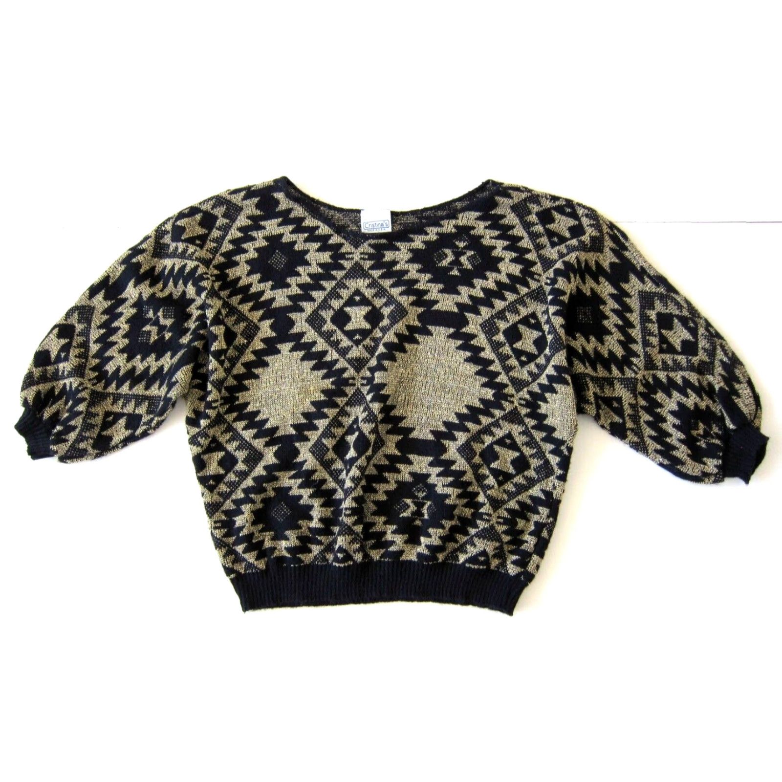Vintage VINTAGE Cristina's Gold Metallic Black Retro Geometric 3/4 Sleeve Sweater M Womens Size M / US 6-8 / IT 42-44 - 6 Thumbnail
