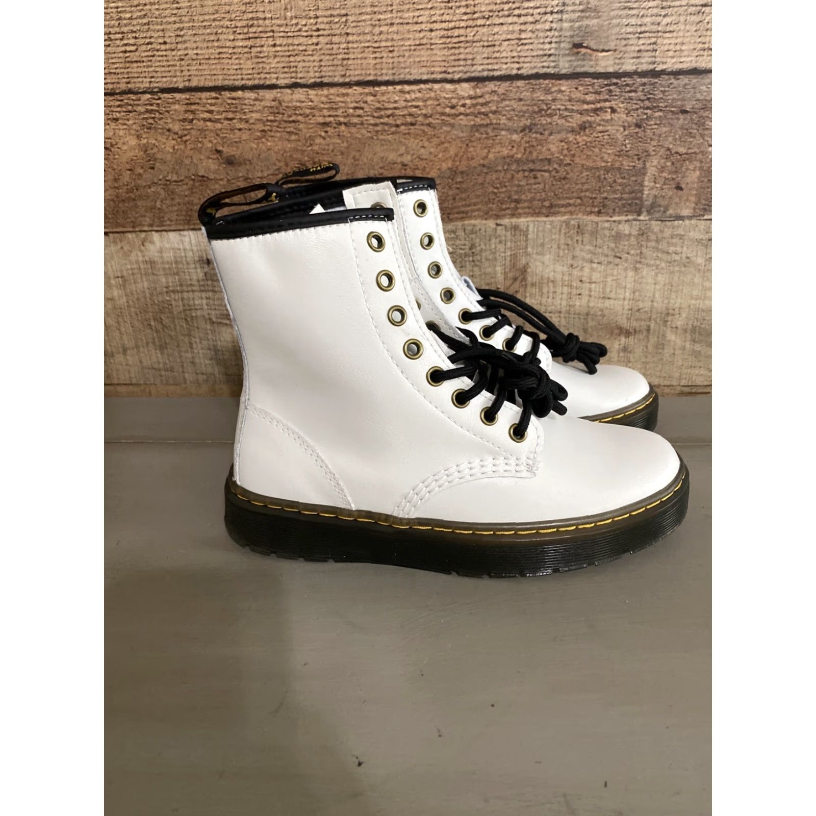 Dr. Martens Dr. Martens Zavala White/Black Combat Boots Women’s Size 5 - Leather, Ankle, Lace Up, Mid Heel, Rubber Outsole, Cushioned, Eyelet Logo - Men/Women? Size US 5 / IT 35 - 2 Thumbnail