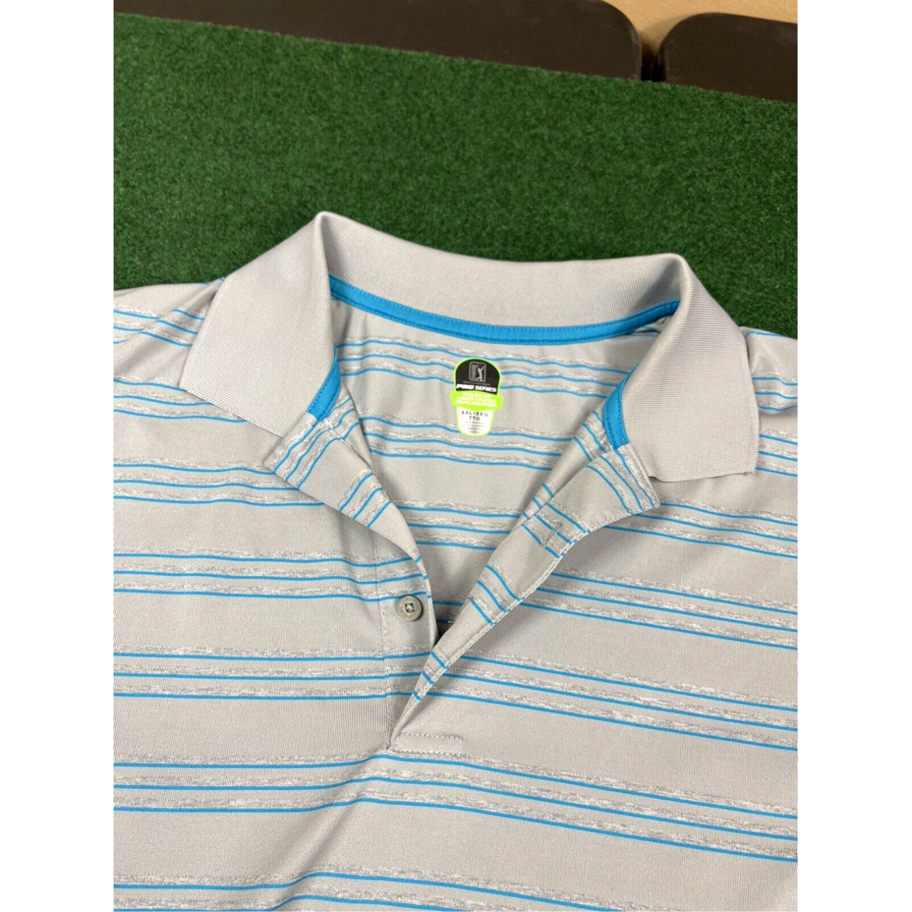 PGA Tour PGA Tour Mens Polo Shirt Pro Series Athletic Fit Gray Blue Golf Polyester 2XL Size US XXL / EU 58 / 5 - 4 Thumbnail
