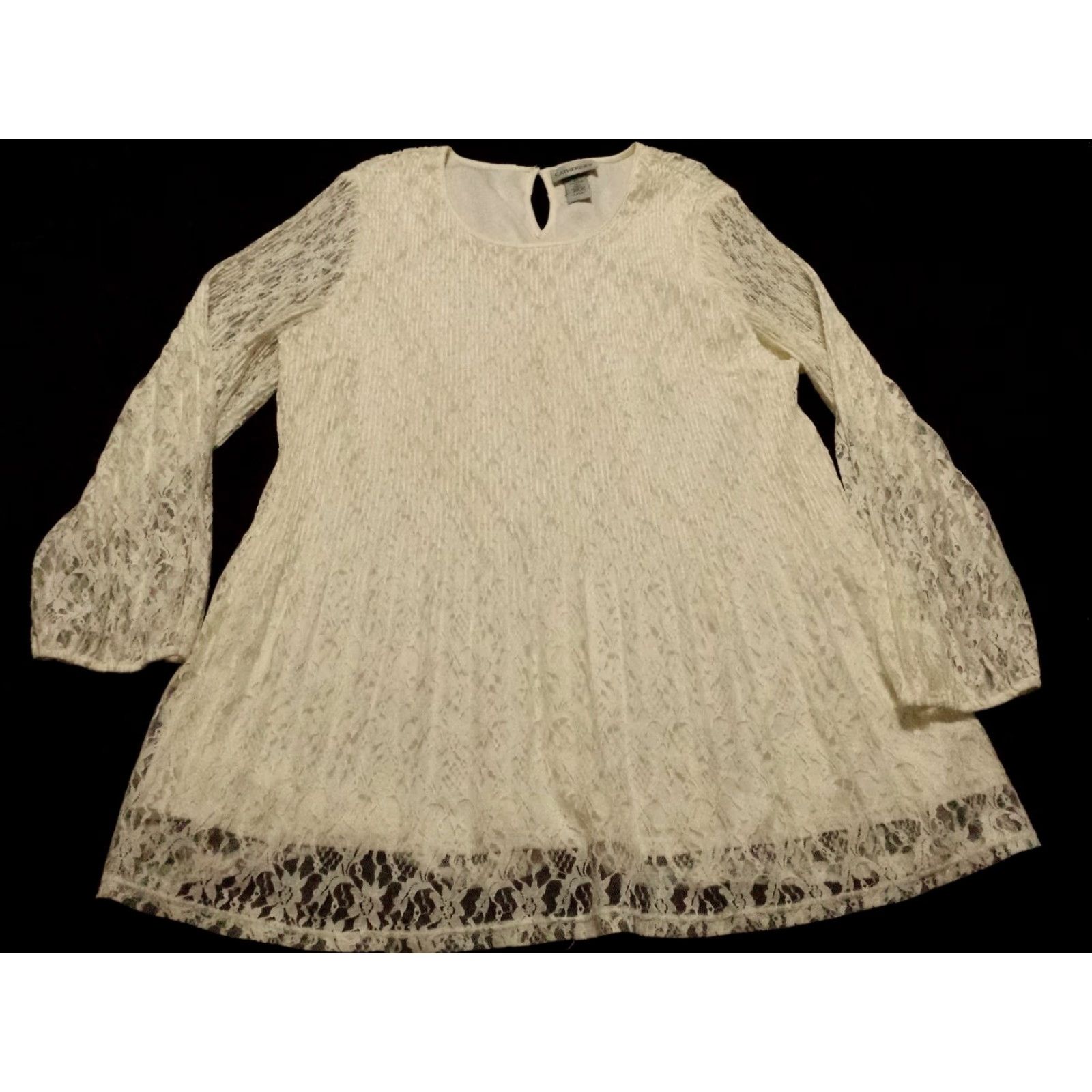 Vintage Catherines 0X Plus Shirt Long Sleeve Scoop Neck White Lace Geometric Polyester Casual Blouse Womens Size XL / US 12-14 / IT 48-50 - 3 Thumbnail