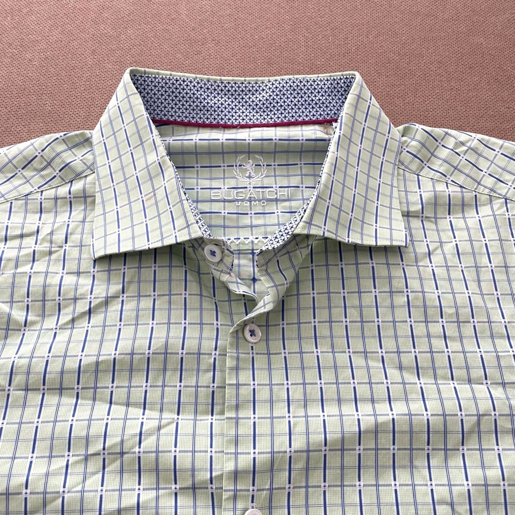 BUGATCHI BUGATCHI Green Blue Plaid Dress Shirt Mens Regular Size 17.5 Size 48R - 2 Thumbnail