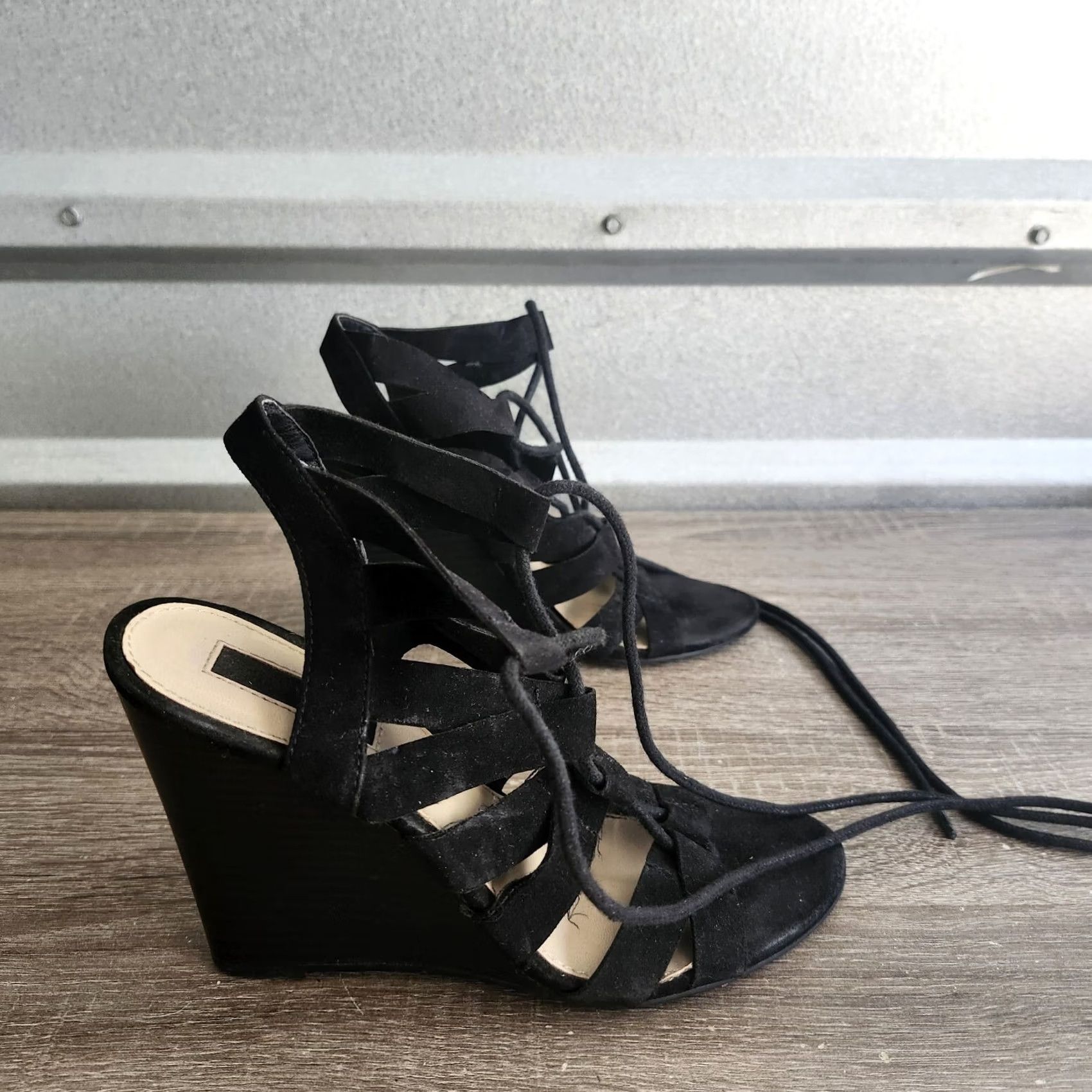 Forever 21 Forever 21 Women's Black Lace Up Ghillie Wedge Heel Sandals - Size 6 Size US 4 / IT 34 - 4 Thumbnail