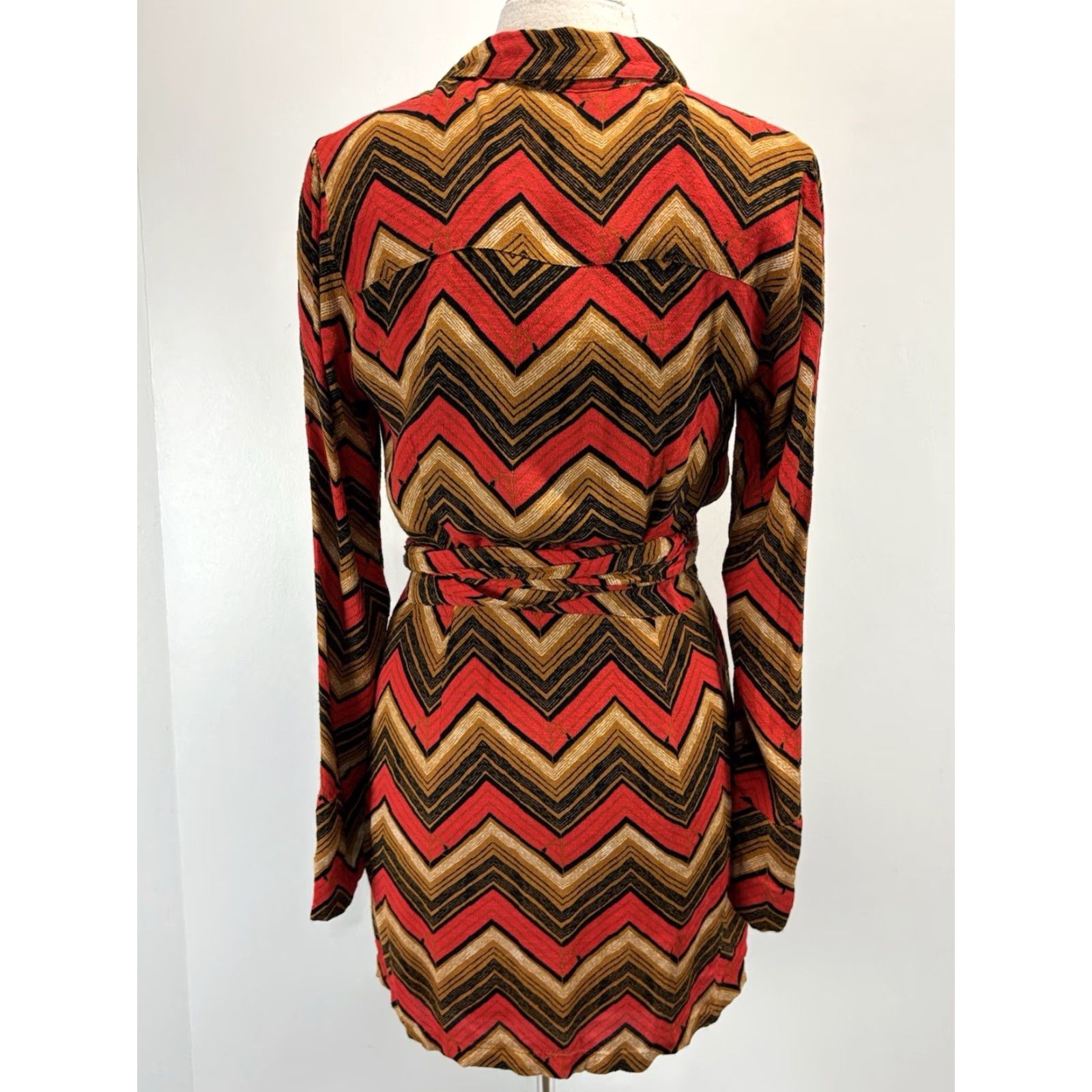 Free People Free People Chevron Shirt Dress Women L Button Front Tie Waist Boho Festival Multicolor Long Sleeve Collared Viscose Blend Short Dress Size L / US 10 / IT 46 - 3 Thumbnail