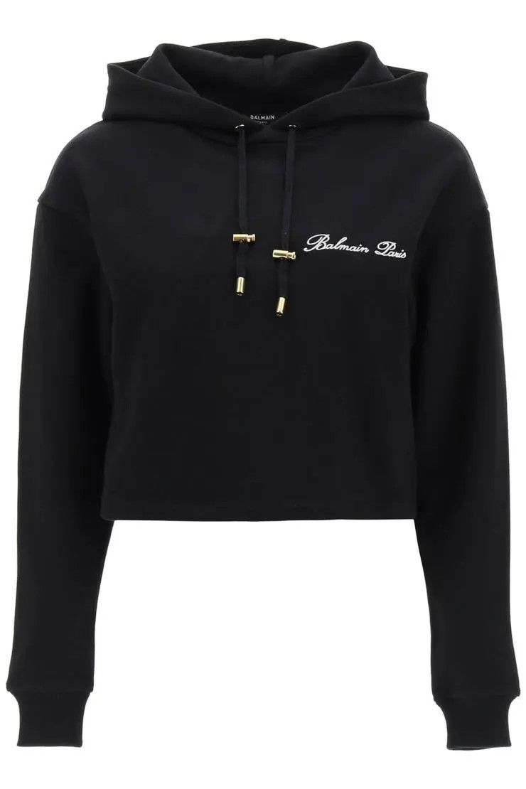 Image of Balmain O1S22I1N0424 Logo Cropped Hoodie In Black, Women's (Size Small)