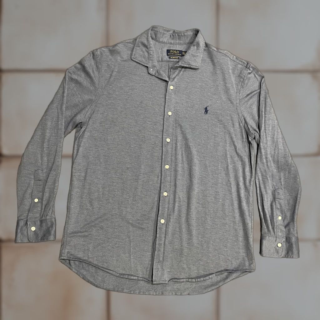 Polo Ralph Lauren Knit Dress Shirt Mens 2XL Blue Long Sleeve Cotton Point  Collar