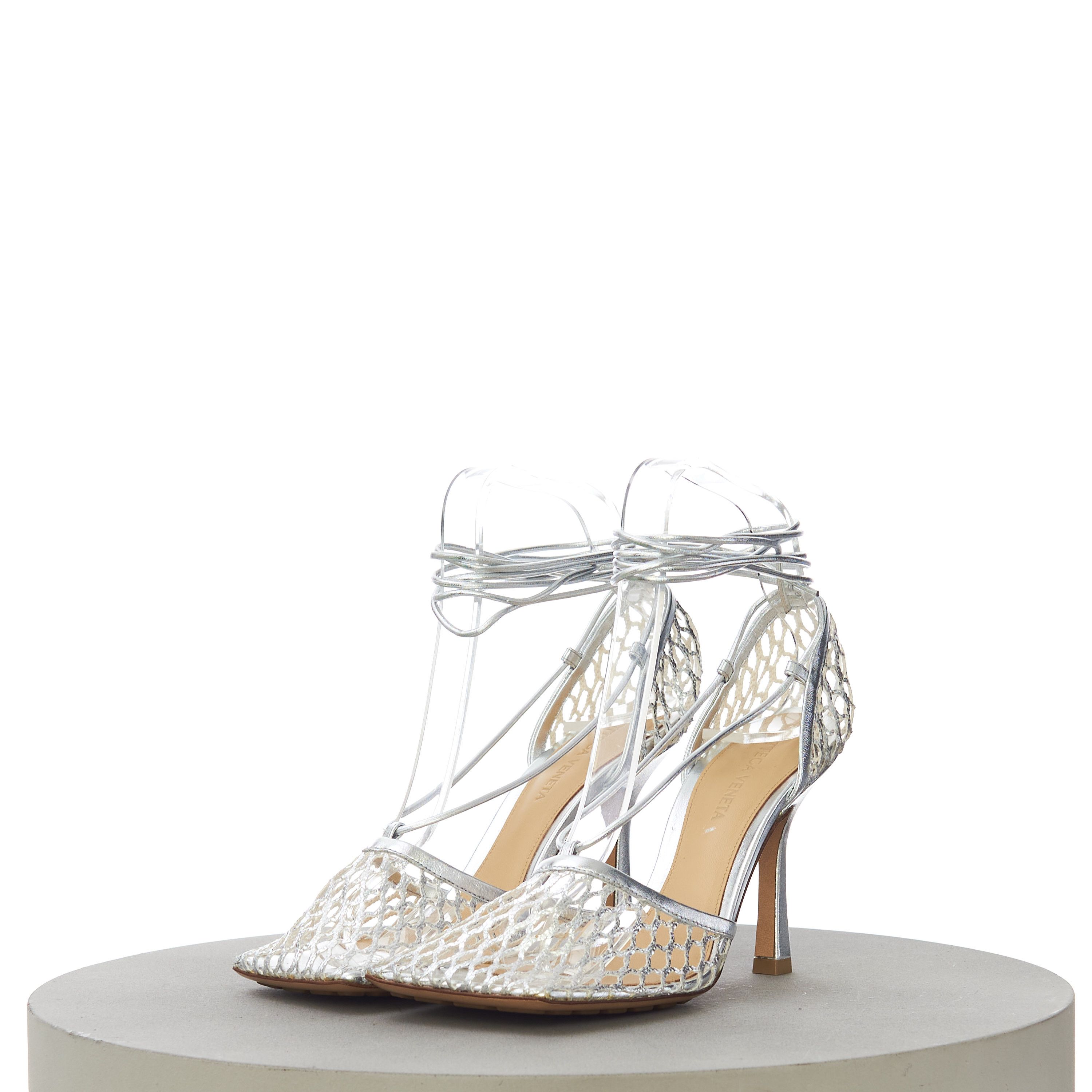 Bottega Veneta Women's Stretch Sandals In Silver Metallized Mesh & Leather Size US 7.5 / IT 37.5 - 4 Thumbnail