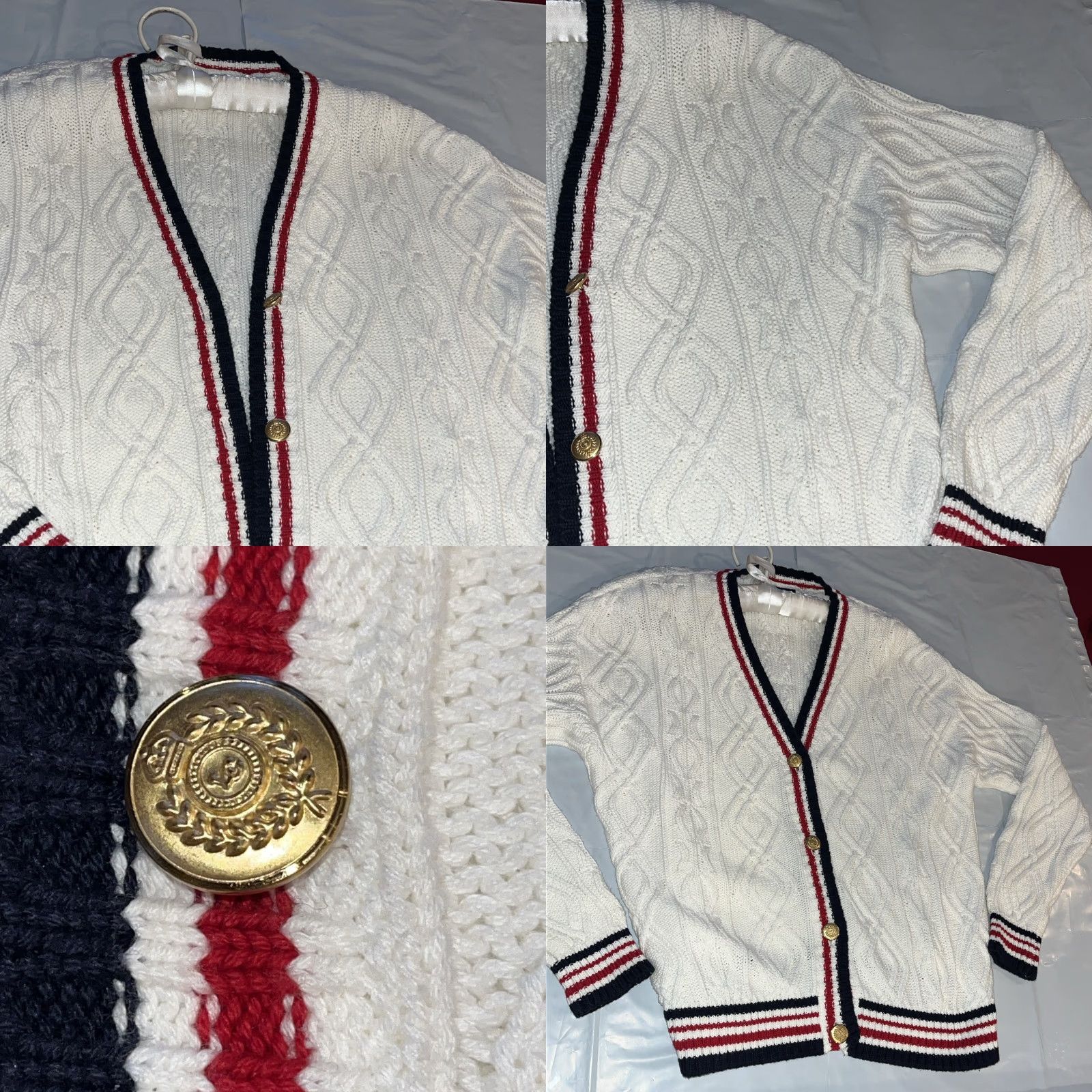 Vintage VINTAGE Lizsport Cardigan 90s KnIT Cable-V-Neck WhiteStripe Blue Red Gold Buttons Women Ps Petite Size S / US 4 / IT 40 - 8 Thumbnail
