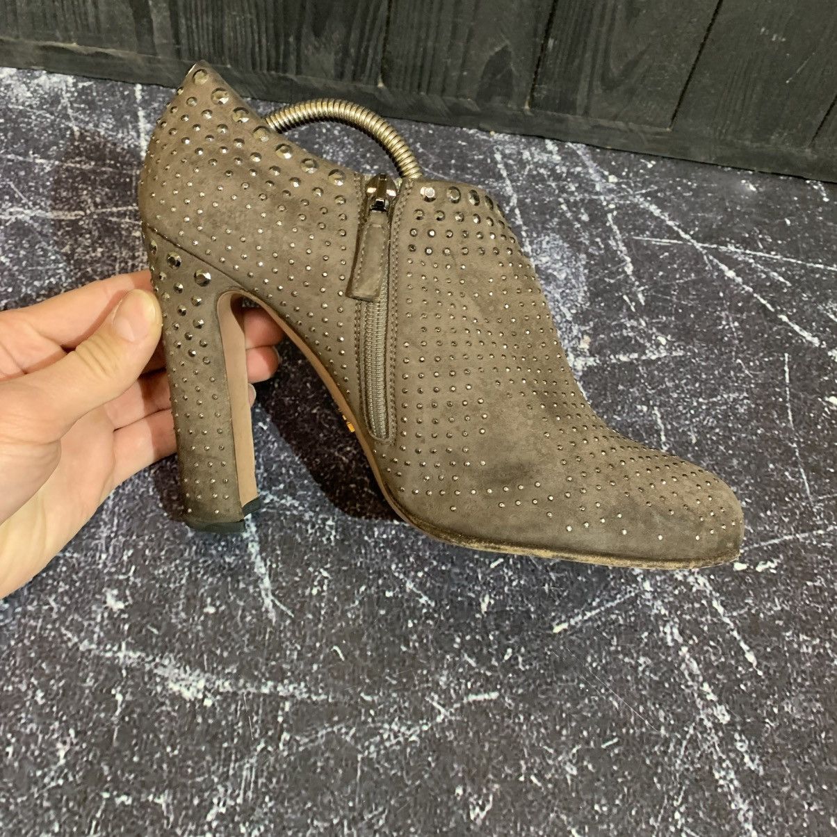 Prada PRADA Taupe Suede Studded Ankle Boots Heels Size 38.5 Size US 8.5 / IT 38.5 - 8 Thumbnail