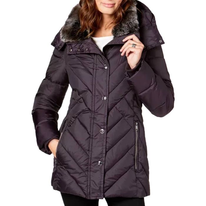 London Fog - Petite Zip-front Hooded Puffer Jacket With Button-off Fur Collar main image 1