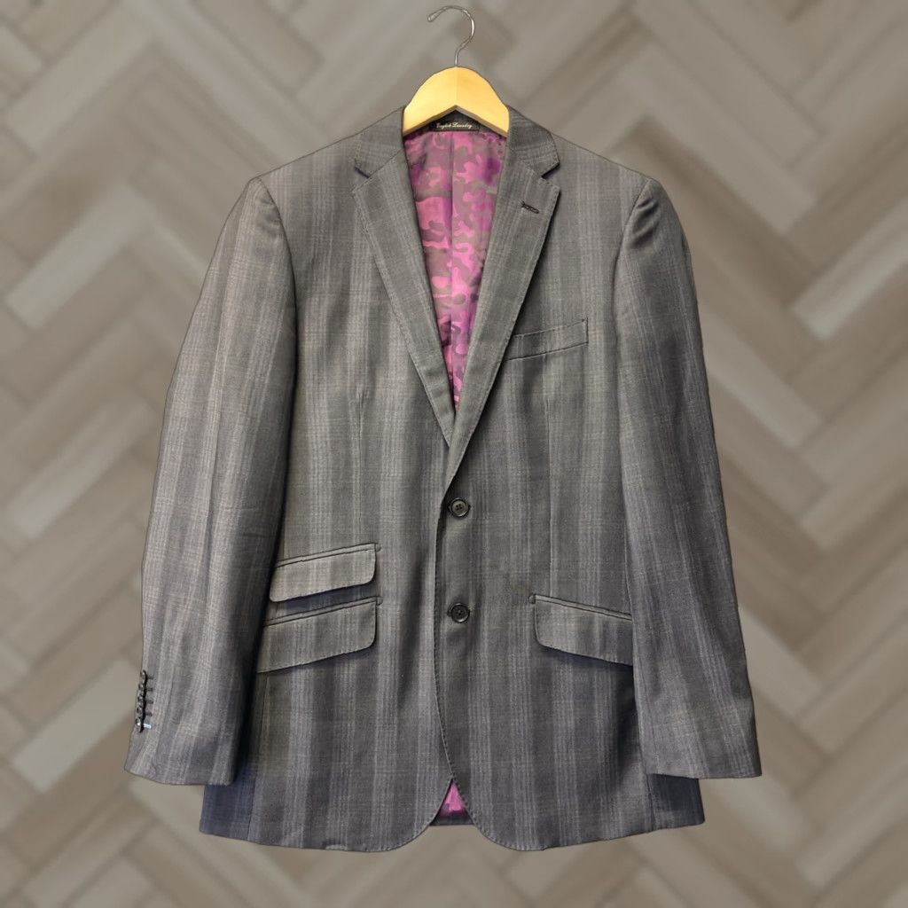 English Laundry English Laundry Blazer Jacket 36R Gray Striped Wool Shawl Button Regular Fall Winter Spring Party/Cocktail Casual Mens Size 36R - 1 Thumbnail
