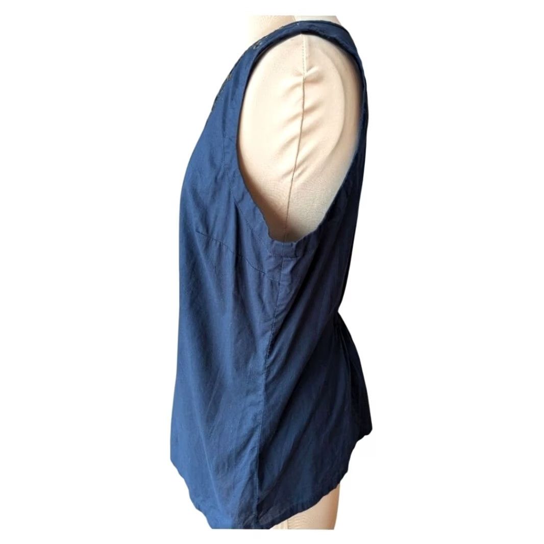 Vintage Navy Blue 100% Cotton Sleeveless Embellished Split Neck Top Quiet Luxury Sz L Size M / US 6-8 / IT 42-44 - 4 Thumbnail