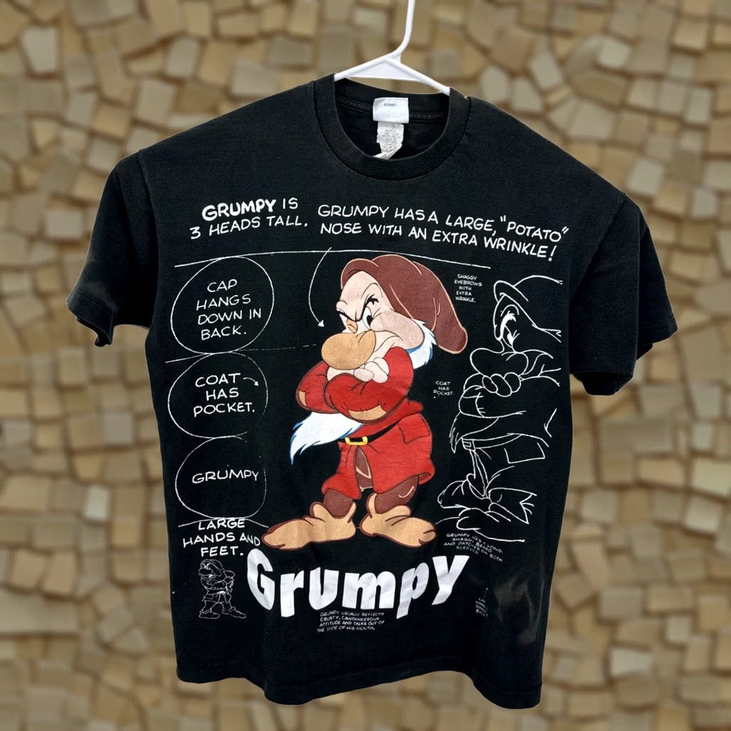 Disney VINTAGE Disney Grumpy Tee Shirt Snow White Seven Dwarfs XL AOP Black Cotton Crew Neck Short Sleeve Mens T-Shirt 1990s Grumpy Logo Vintage Disney Theme Size US XL / EU 56 / 4 - 1 Thumbnail