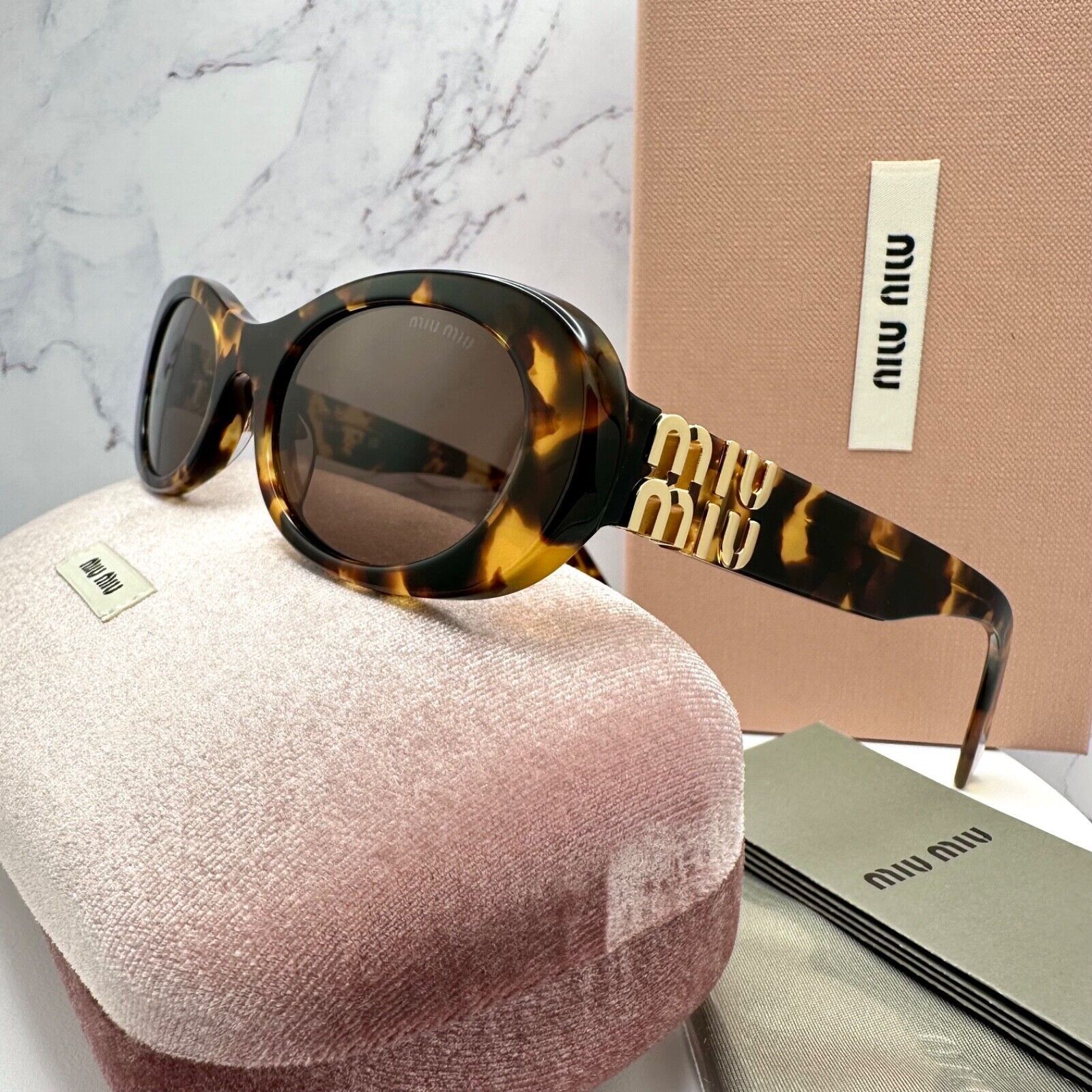NEW MIU MIU Sunglasses Brown Oval Gold