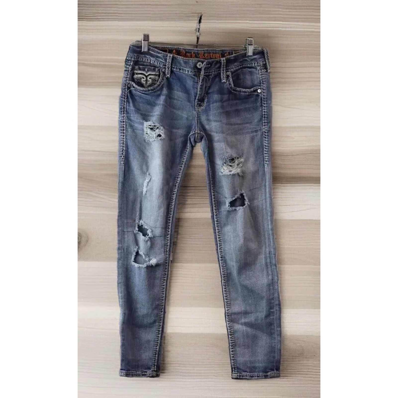 Vintage VINTAGE Women Rock Revival Abrienda Blue Distressed Skinny Ankle Denim Jeans 28x27 Mens? Size 28" / US 6 / IT 42 - 2 Thumbnail