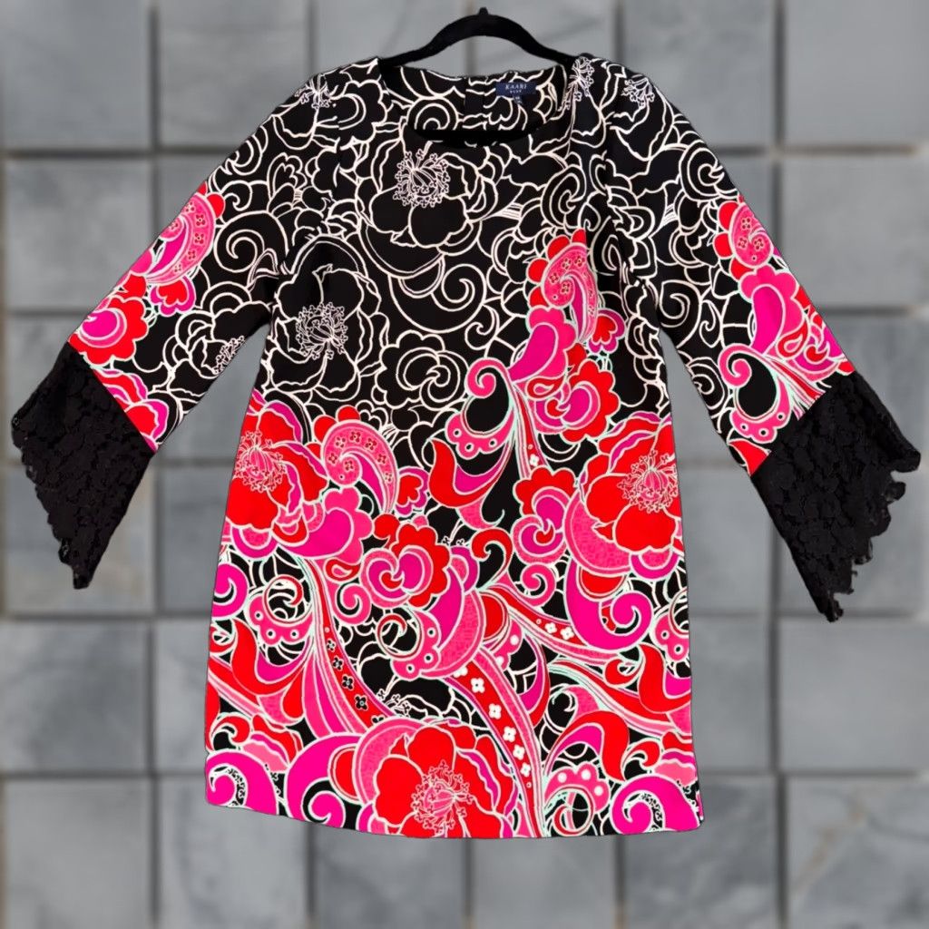 KAARI BLUE Boho Floral Print Shift Dress Womens M Black Pink Lace Sleeve  Midi 3/4