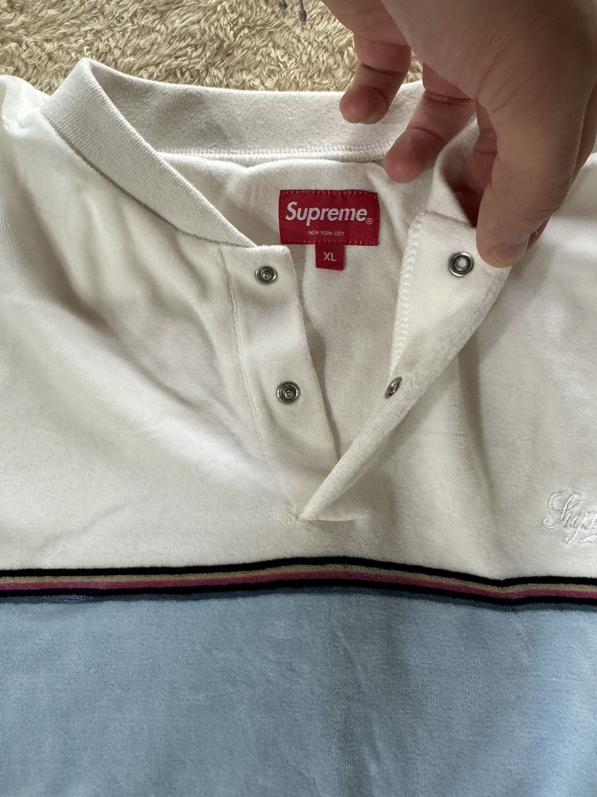 Supreme Velour Snap Henley White (Size XL) - bottlesandglasses.com.ng