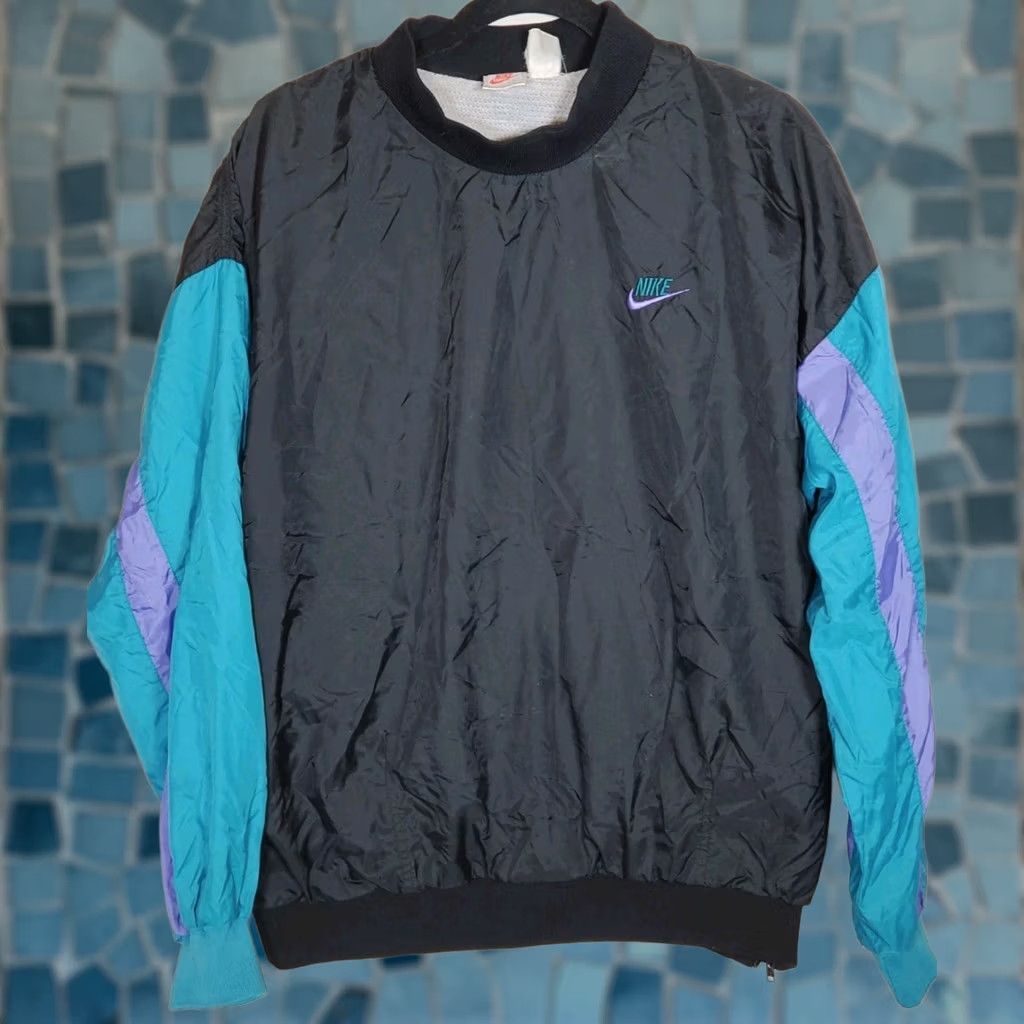 Nike VINTAGE Nike Windbreaker L Black VTG 1990s Pullover Teal Purple Embroidered Lined Adult Size US L / EU 52-54 / 3 - 1 Thumbnail