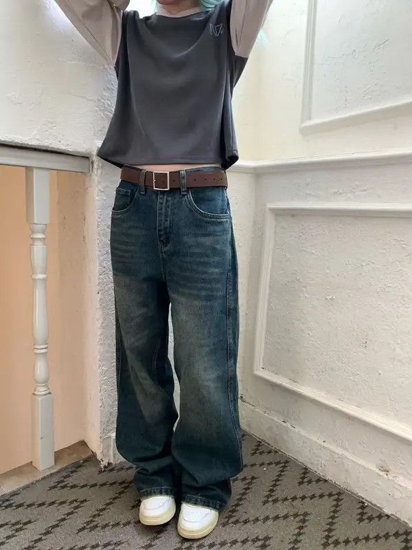 Japanese Brand Miwa Men's Street Retro Washed Distressed Straight Jeans Size US 32 / EU 48 - 5 Thumbnail